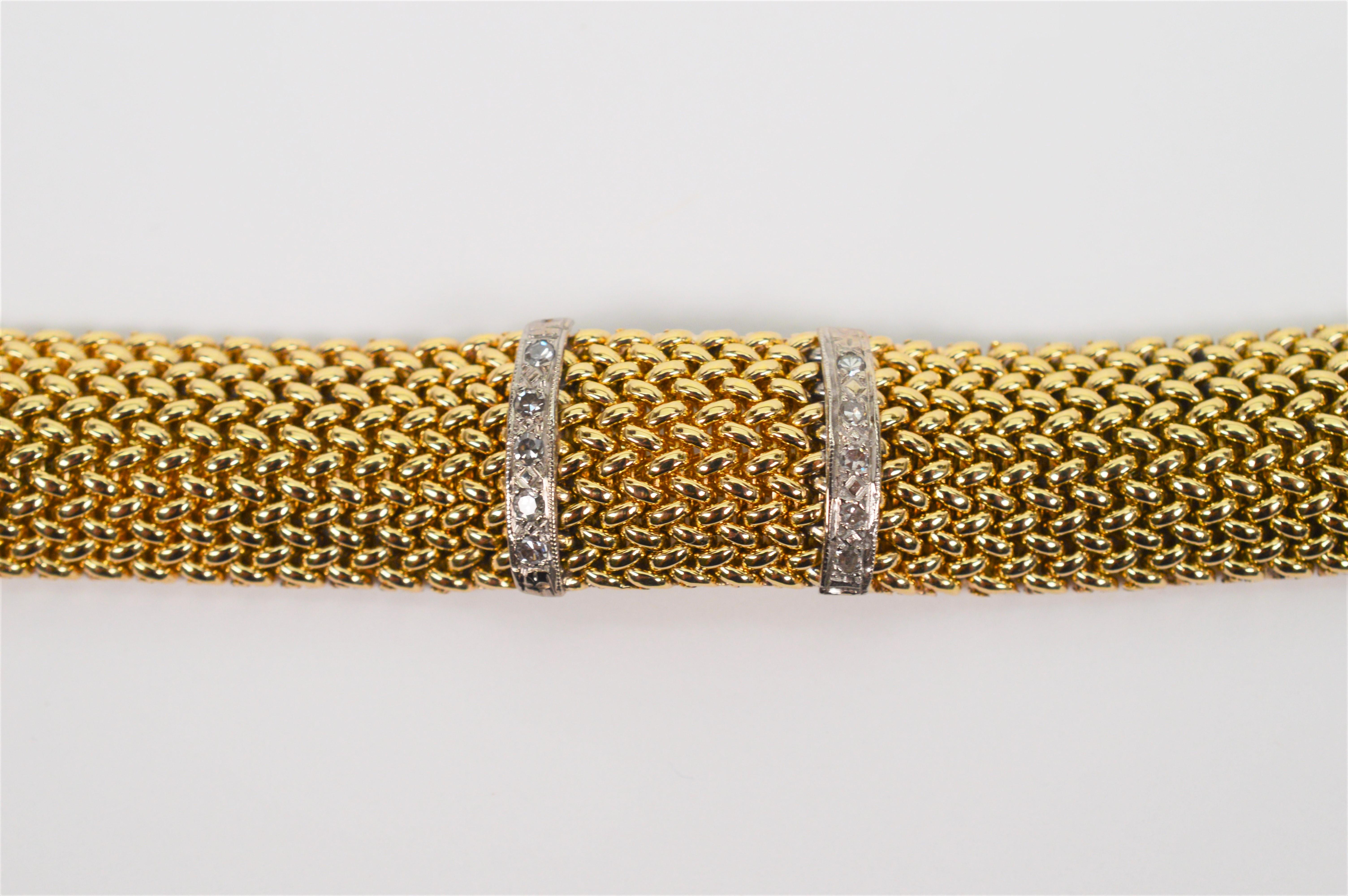 Round Cut 14 Karat Yellow Gold Woven Mesh Contoured Bracelet w White Gold Diamond Accents For Sale