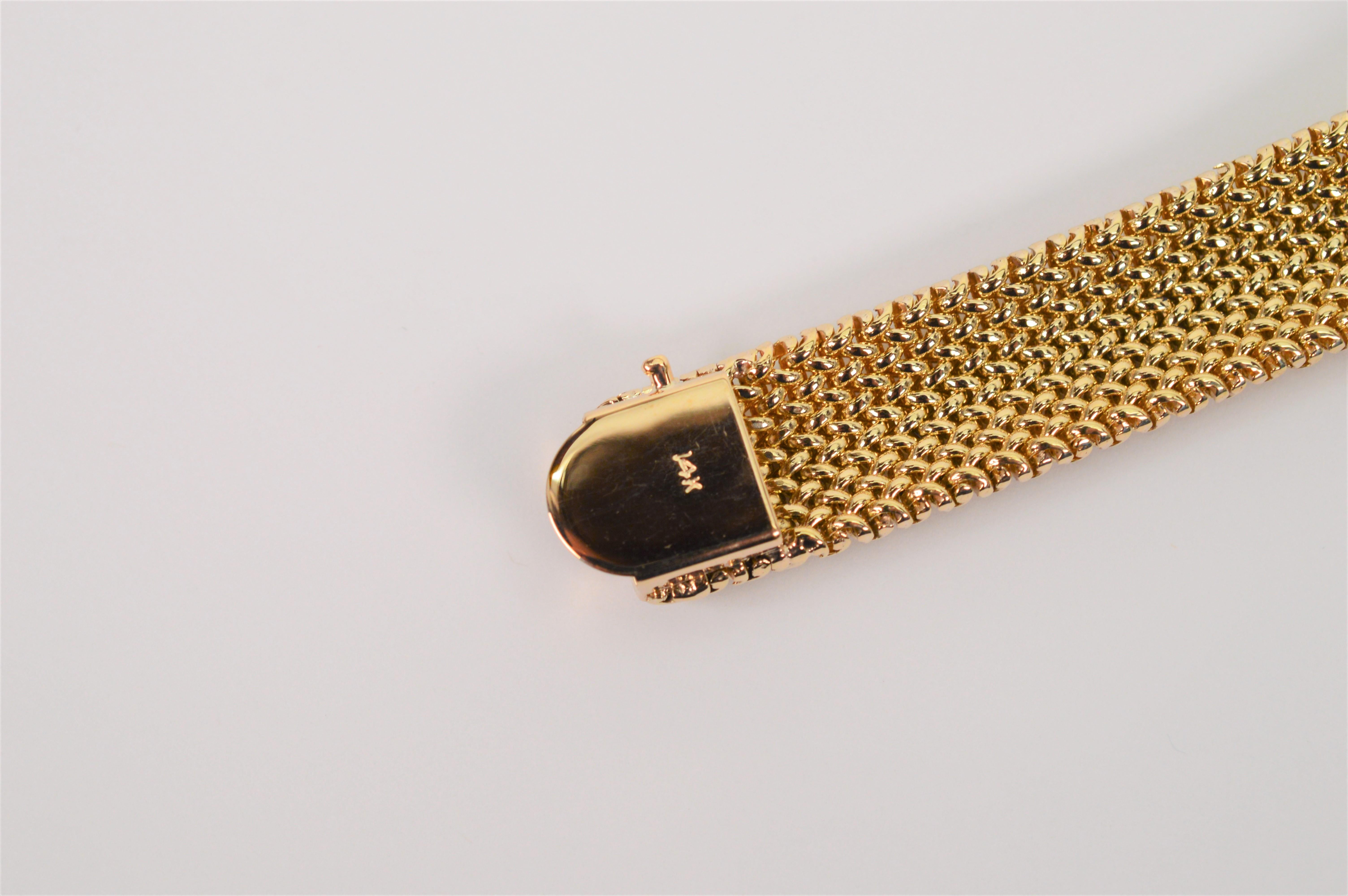 Women's 14 Karat Yellow Gold Woven Mesh Contoured Bracelet w White Gold Diamond Accents For Sale