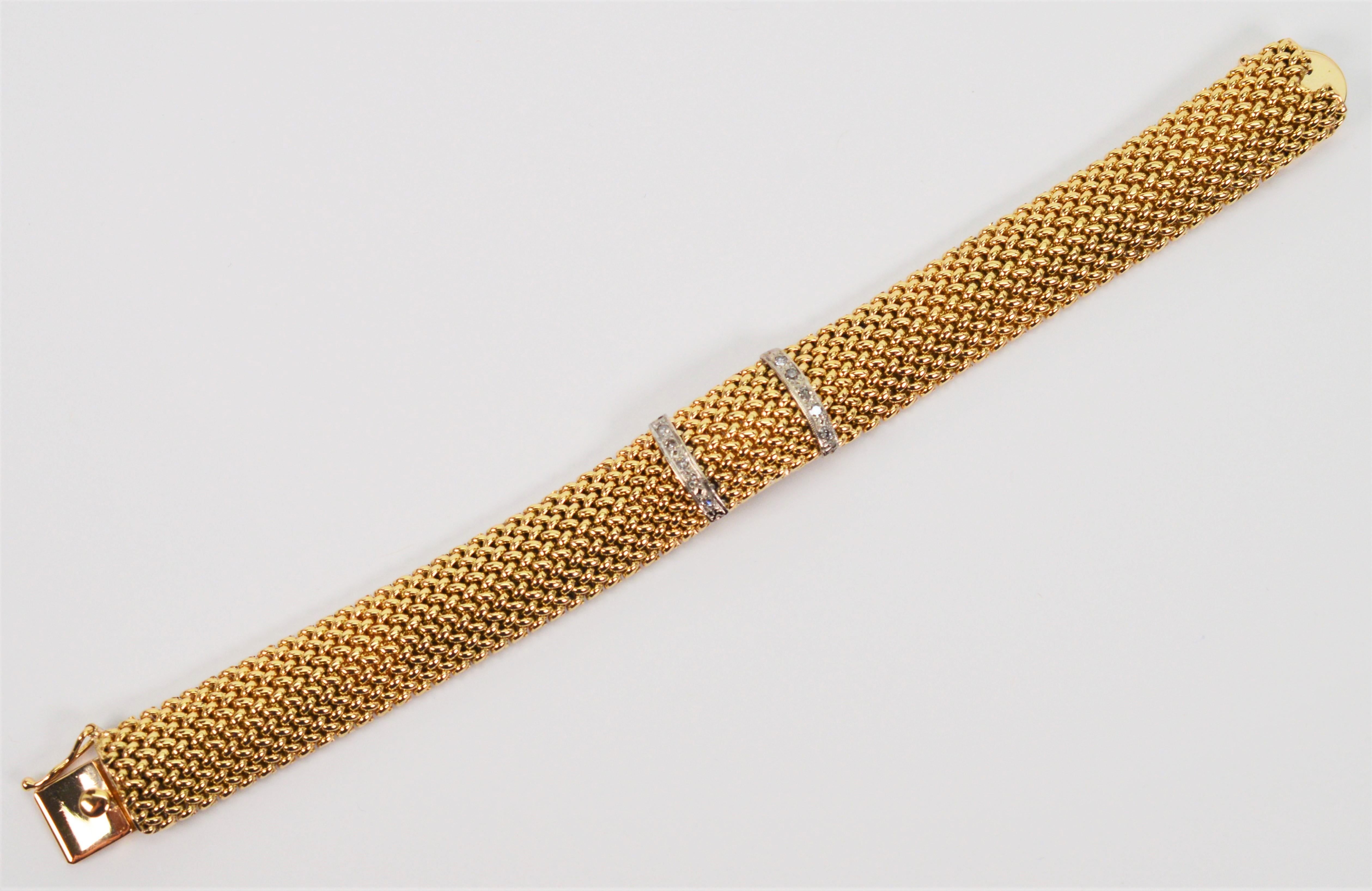 14 Karat Yellow Gold Woven Mesh Contoured Bracelet w White Gold Diamond Accents For Sale 1