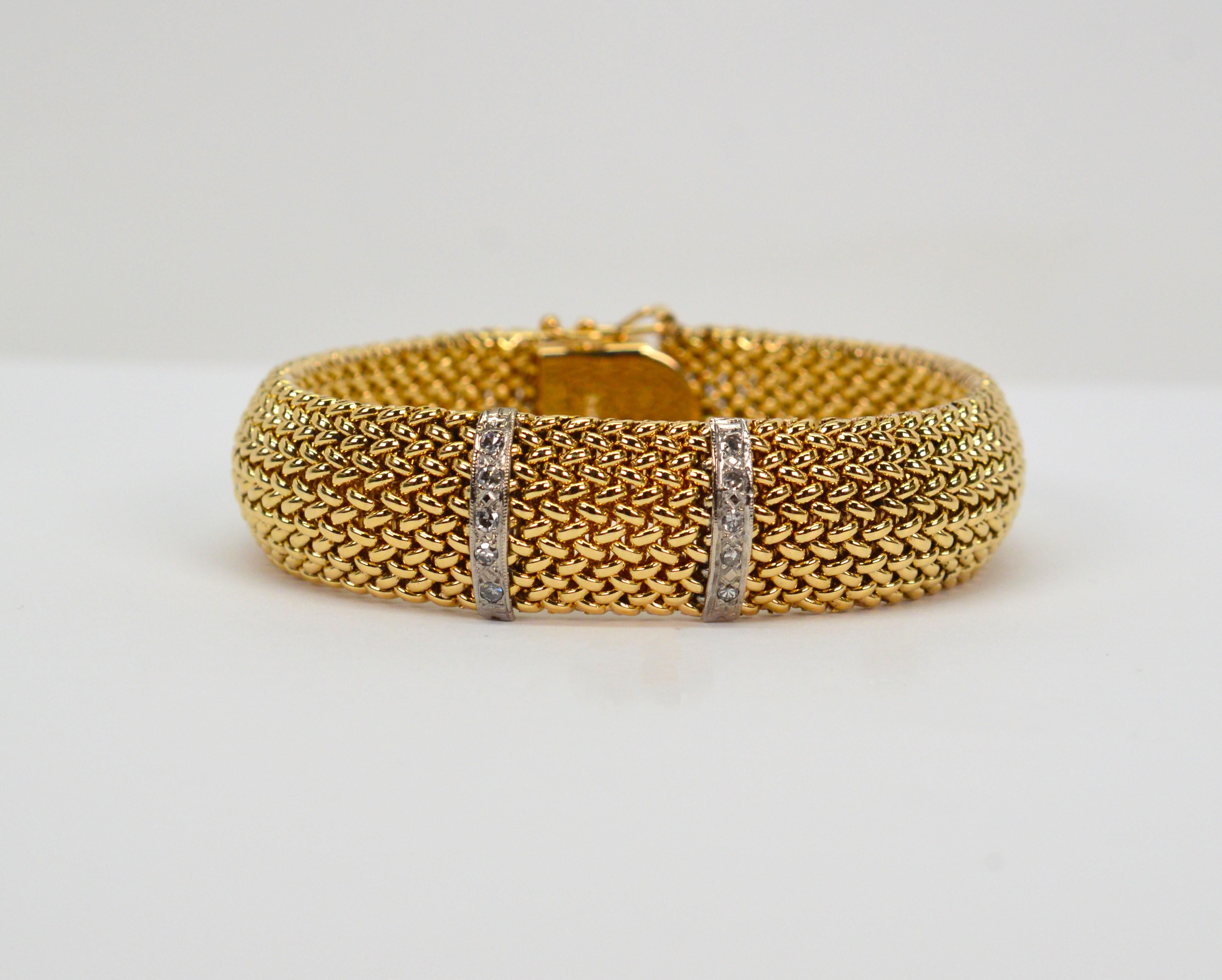 14 Karat Yellow Gold Woven Mesh Contoured Bracelet w White Gold Diamond Accents For Sale 2