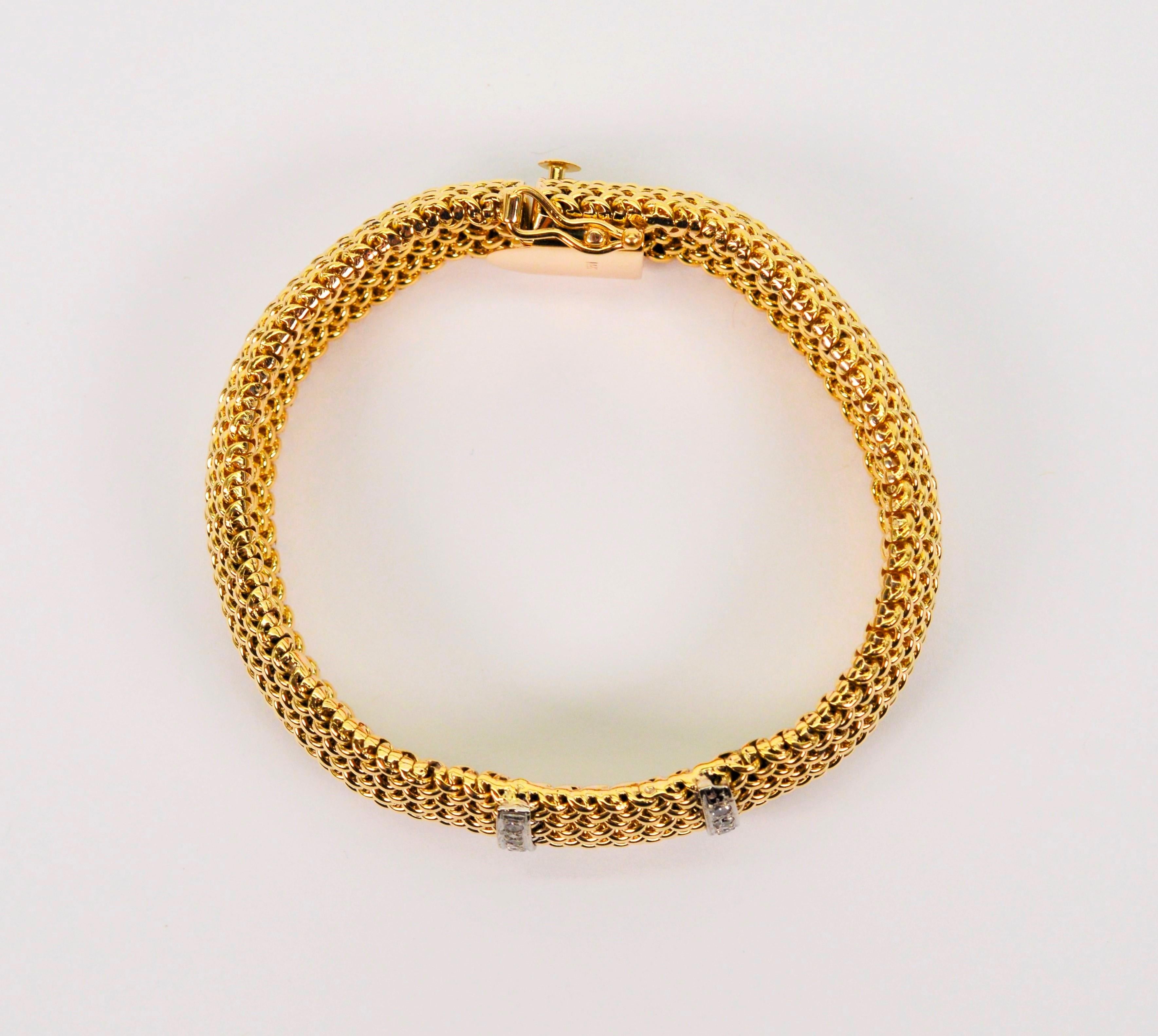 14 Karat Yellow Gold Woven Mesh Contoured Bracelet w White Gold Diamond Accents For Sale 3