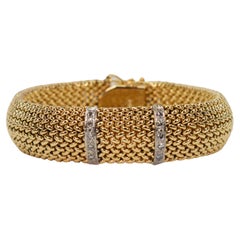 14 Karat Yellow Gold Woven Mesh Contoured Bracelet w White Gold Diamond Accents