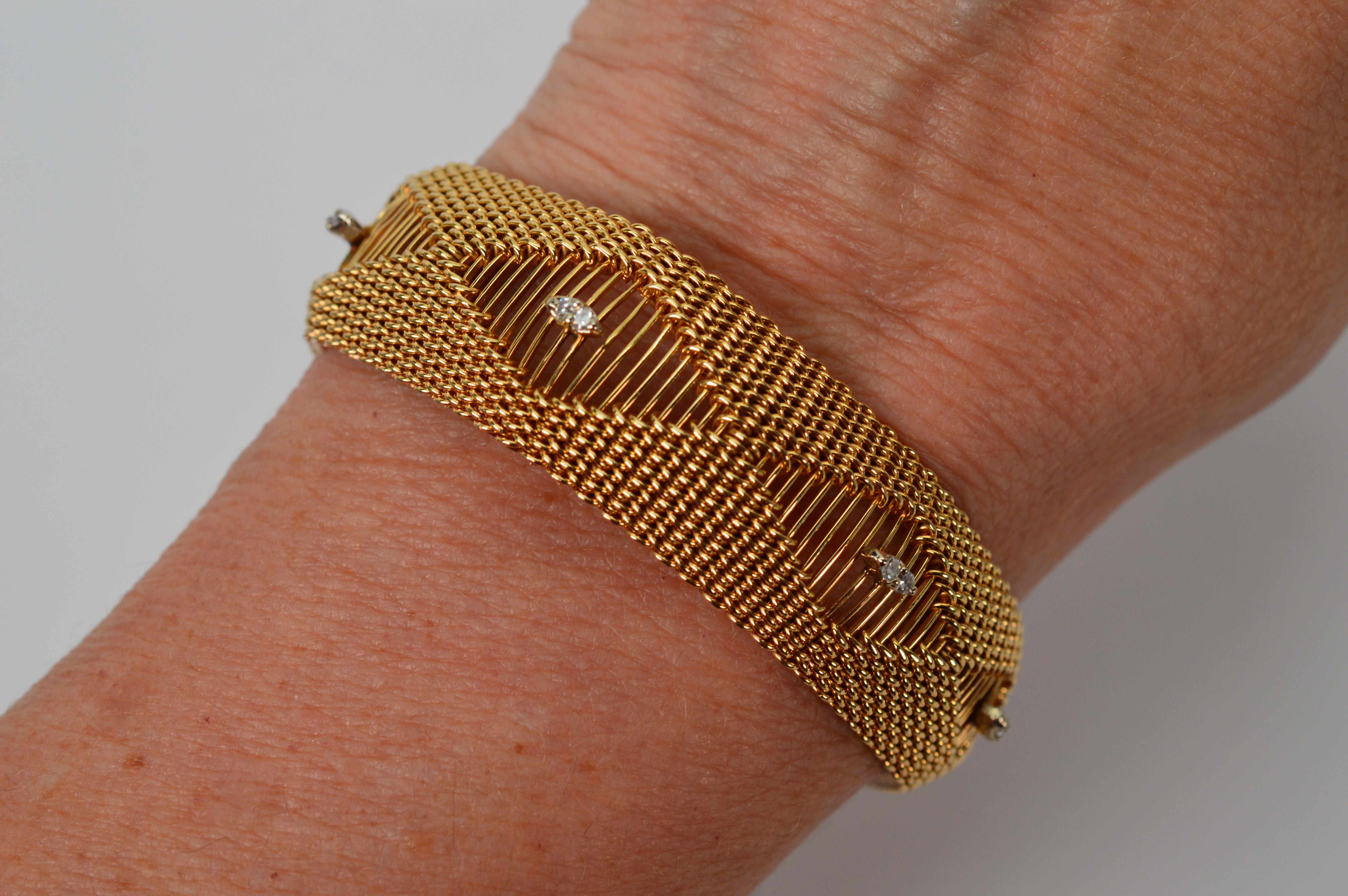 14 Karat Yellow Gold Woven Mesh Diamond Accented Statement Bracelet For Sale 3