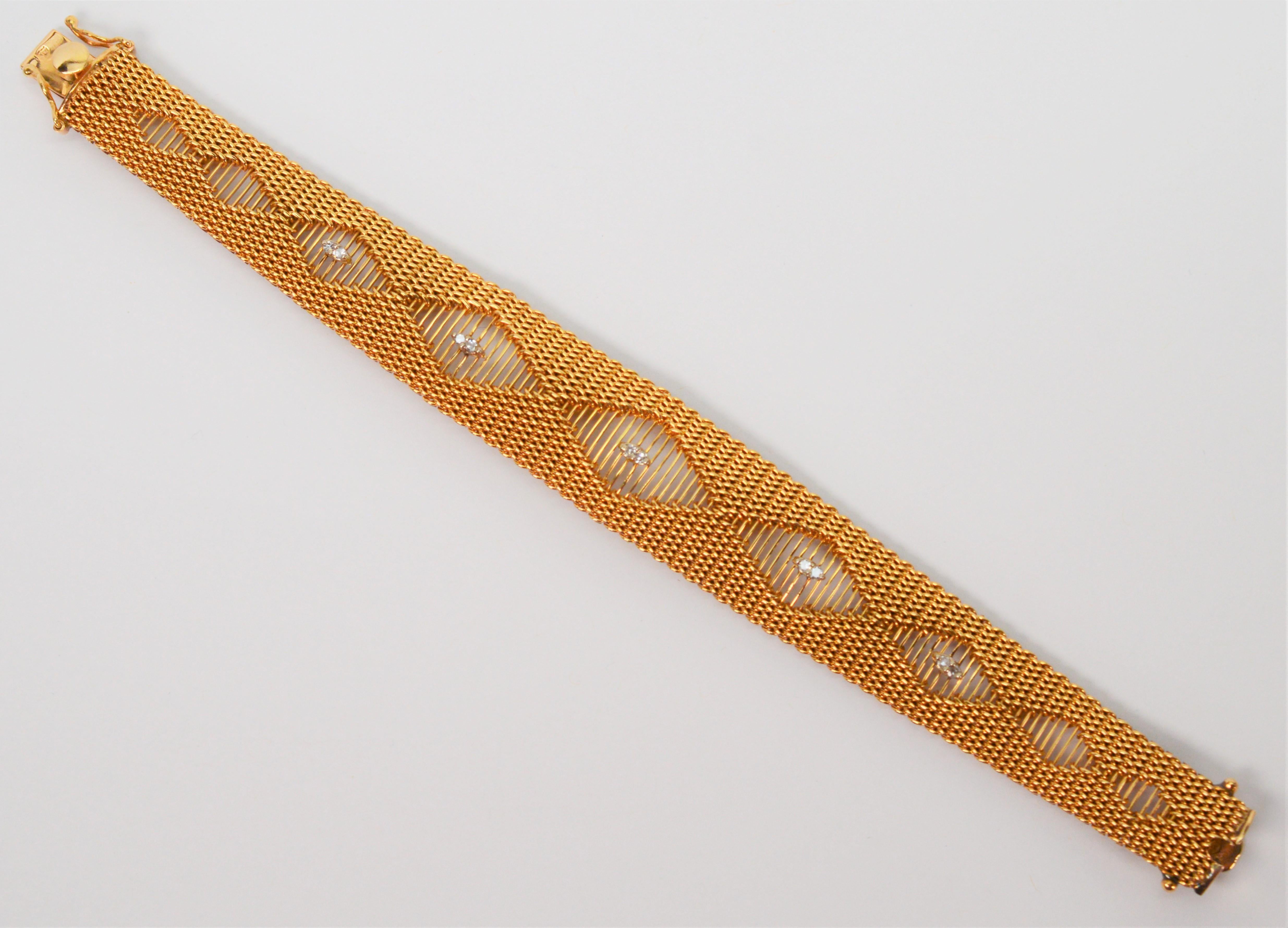 Round Cut 14 Karat Yellow Gold Woven Mesh Diamond Accented Statement Bracelet For Sale