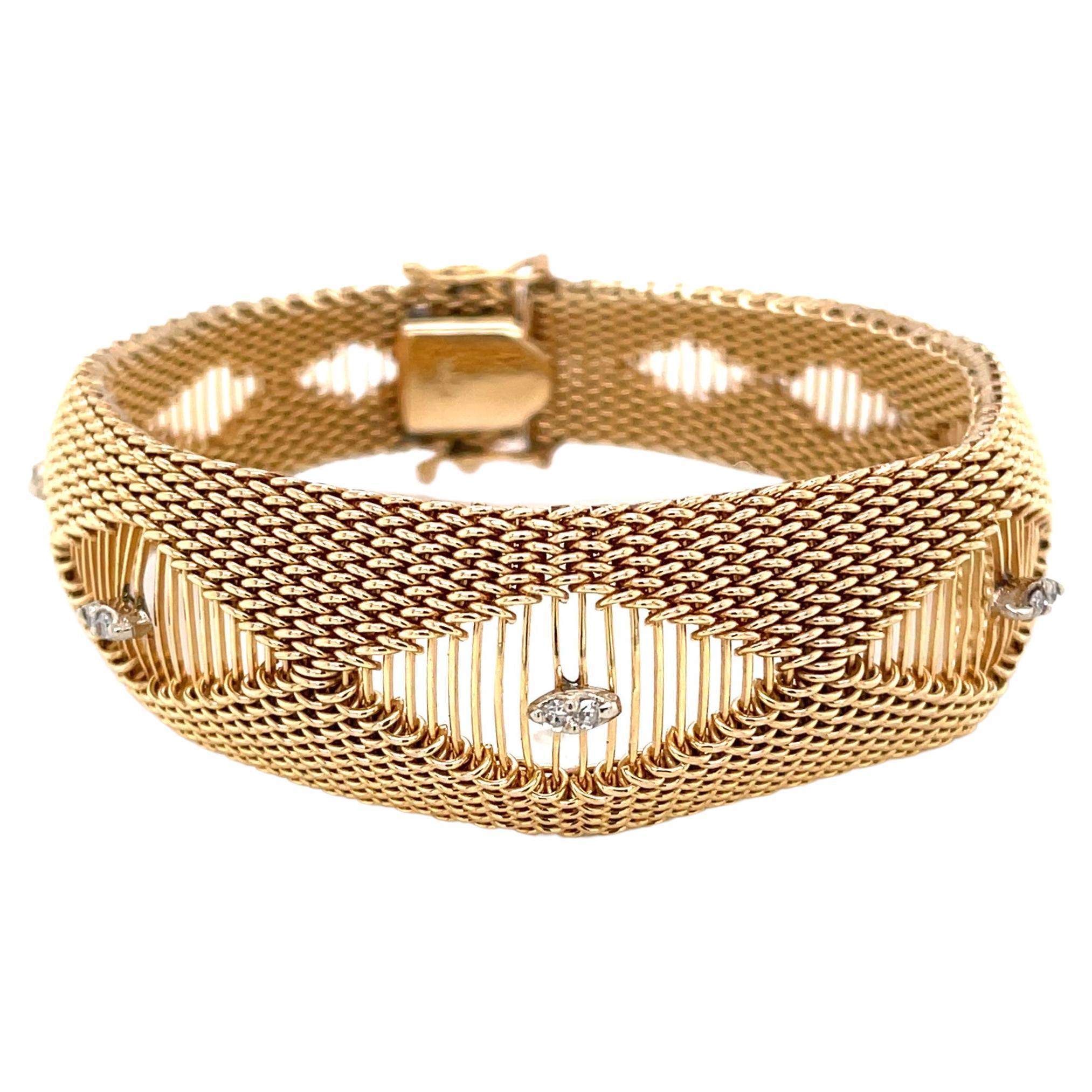 Bracelet fantaisie en or jaune 14 carats avec maille tissée et diamants accentués en vente 2