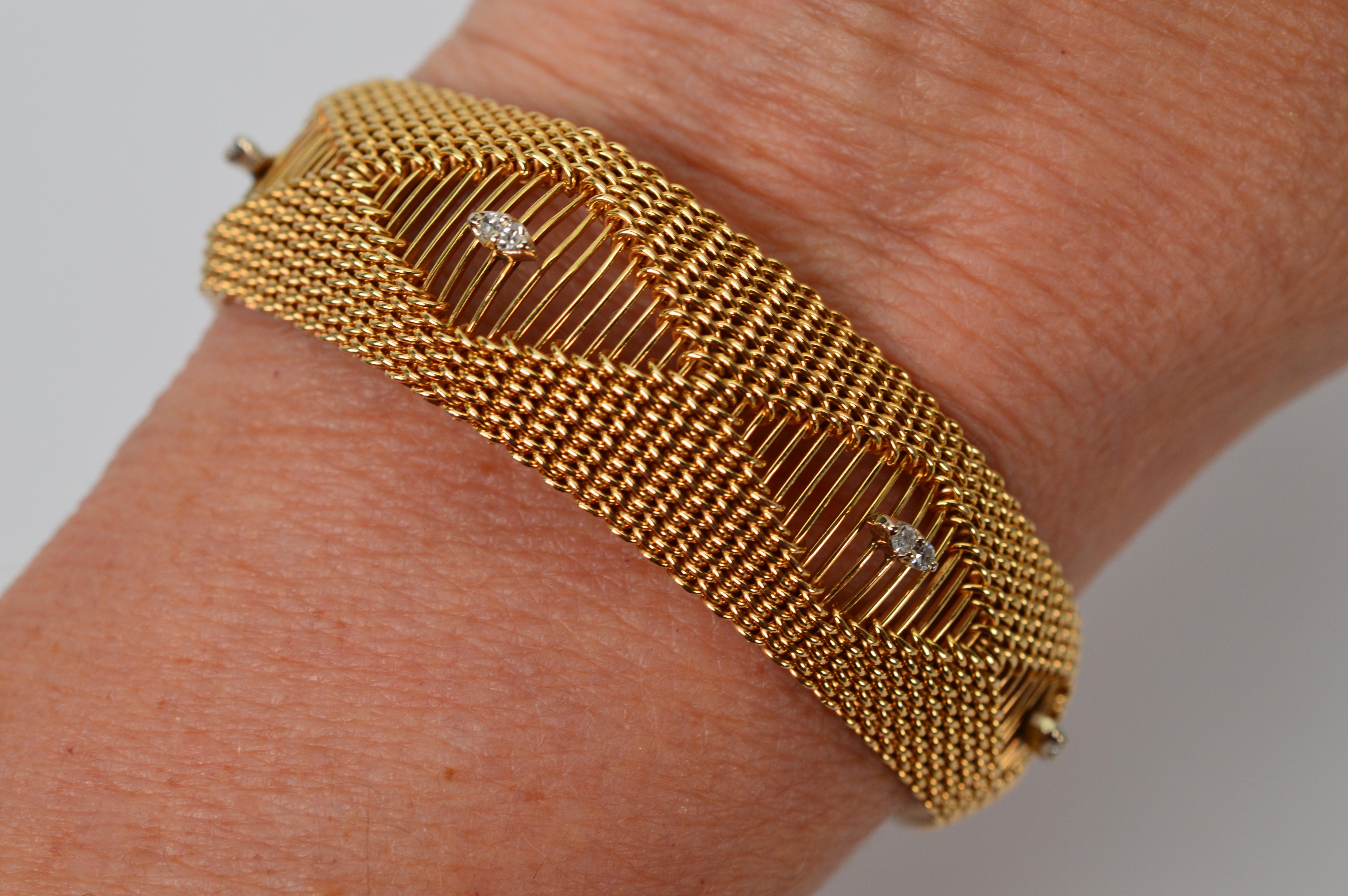 Women's 14 Karat Yellow Gold Woven Mesh Diamond Accented Statement Bracelet For Sale