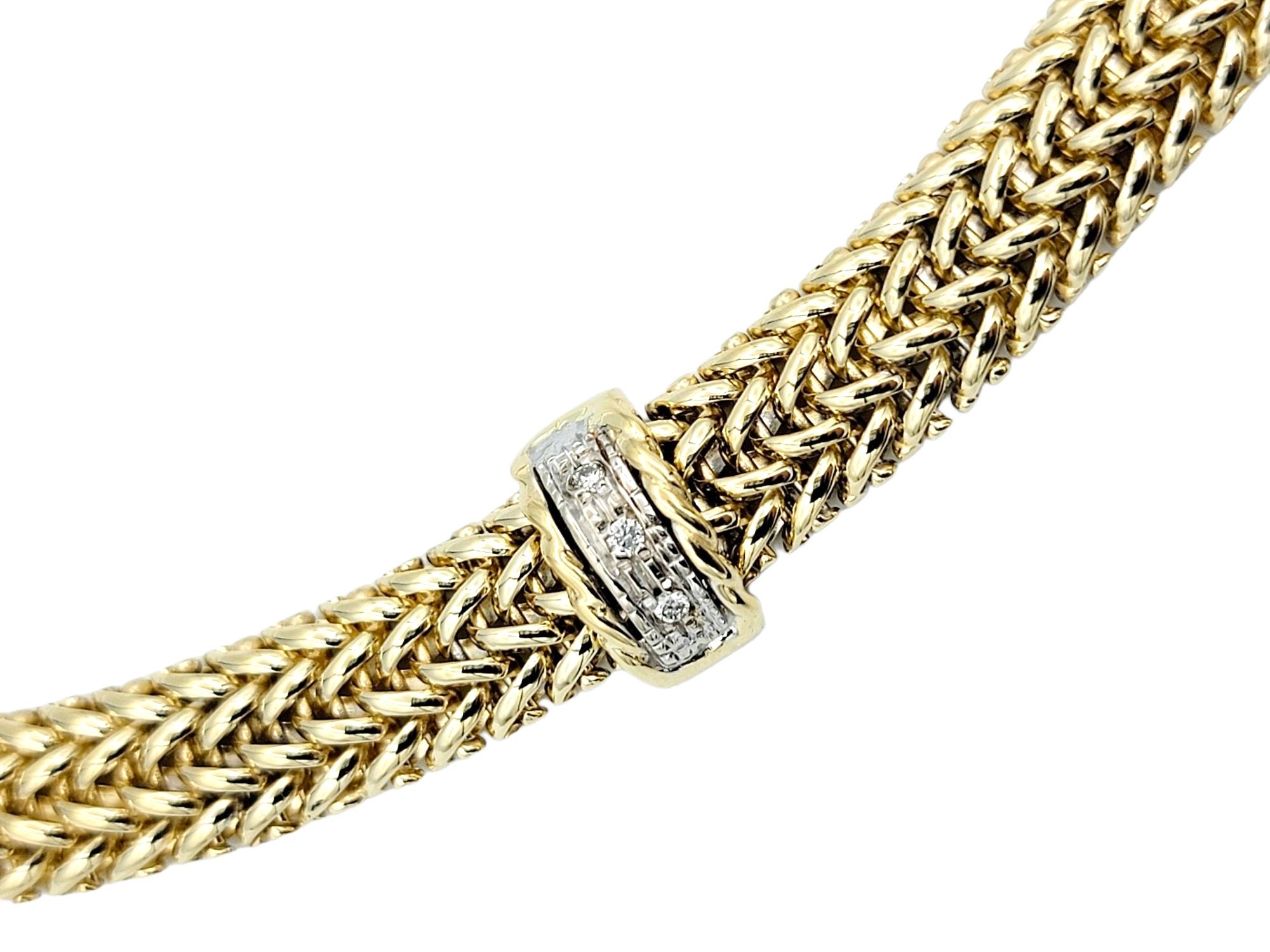 Contemporary 14 Karat Yellow Gold Woven Mesh Link Collar Necklace with 3 Diamond Stations  