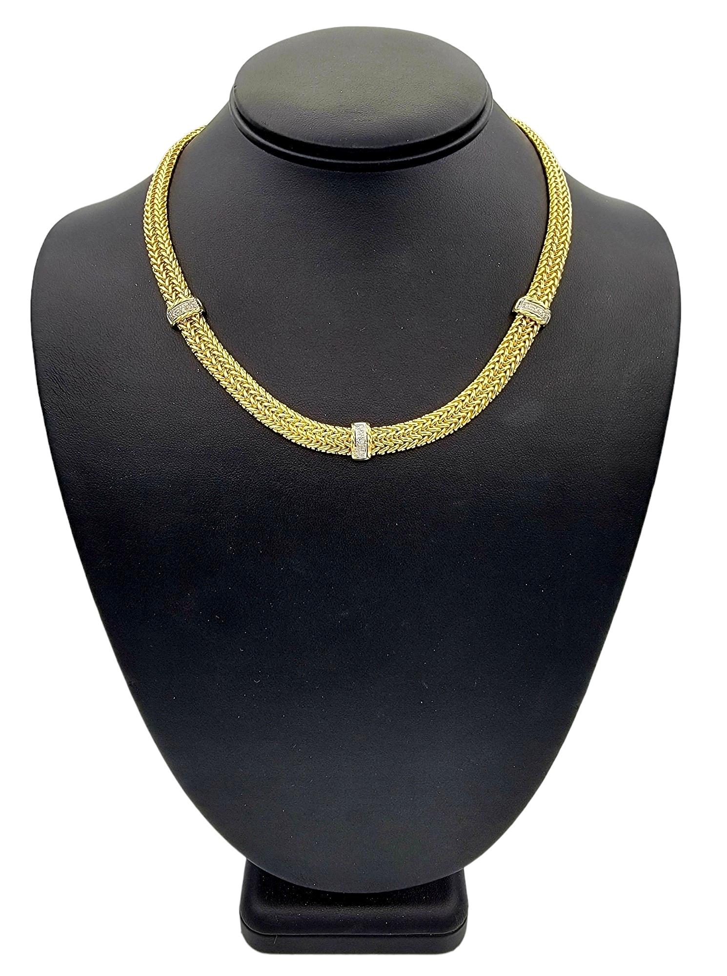 Women's 14 Karat Yellow Gold Woven Mesh Link Collar Necklace with 3 Diamond Stations  