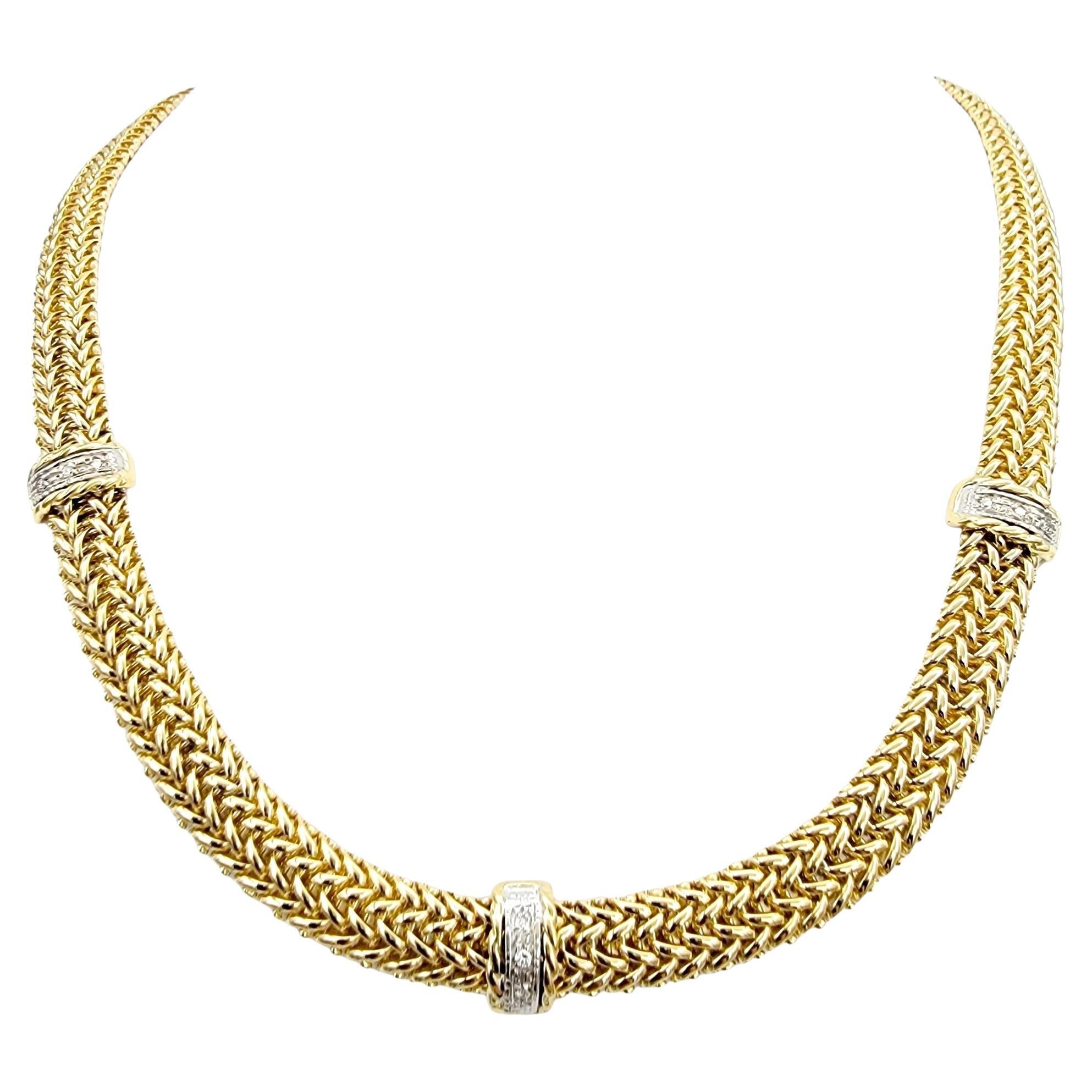 14 Karat Yellow Gold Woven Mesh Link Collar Necklace with 3 Diamond Stations  