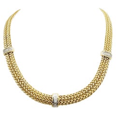 14 Karat Yellow Gold Woven Mesh Link Collar Necklace with 3 Diamond Stations  
