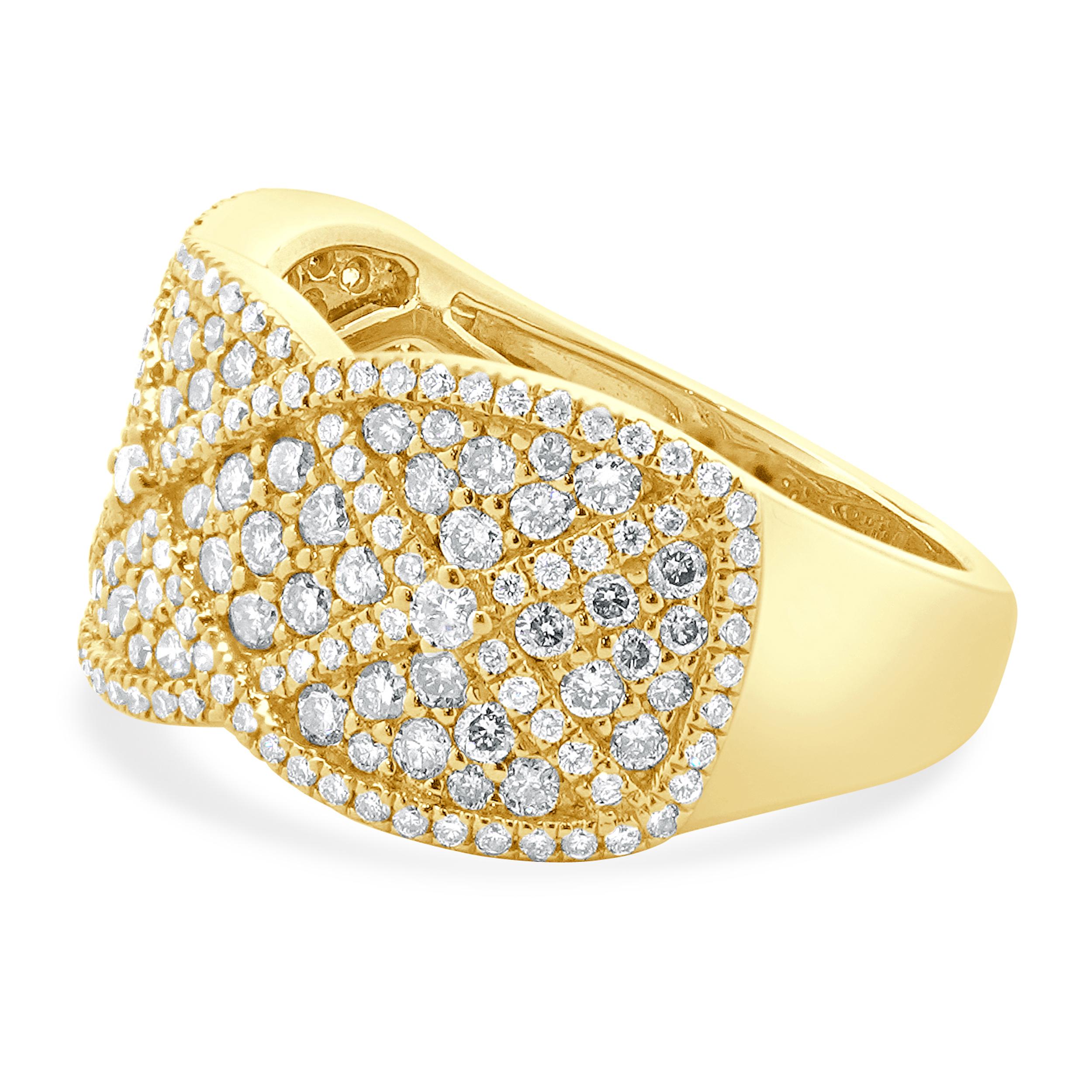 Designer: custom
Material: 14K yellow gold
Diamond: 144 round brilliant cut = 0.75cttw
Color: G
Clarity: VS1-2
Diamond: 82 round brilliant cut = 0.82cttw
Color: light yellow
Clarity: SI1-2
Ring size: 6 (please allow two additional shipping days for