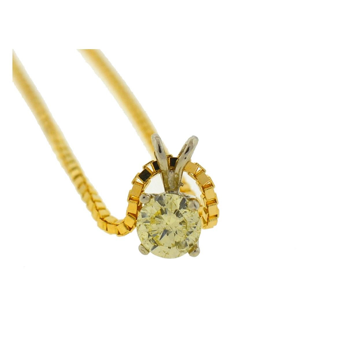 Round Cut 14 Karat Yellow Gold Yellow Diamond Pendant Box Chain Necklace .42 Carat