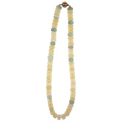 14 Karat Yellow Gold, Yellow, Golden and Aquamarine Beryl Bead Necklace