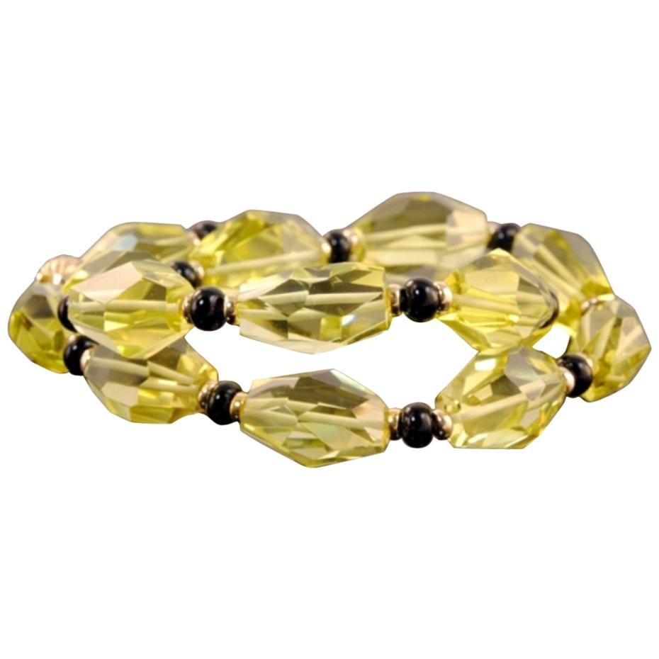 14 Karat Yellow Gold, Yellow Quartz, and Black Onyx Bead Necklace For Sale