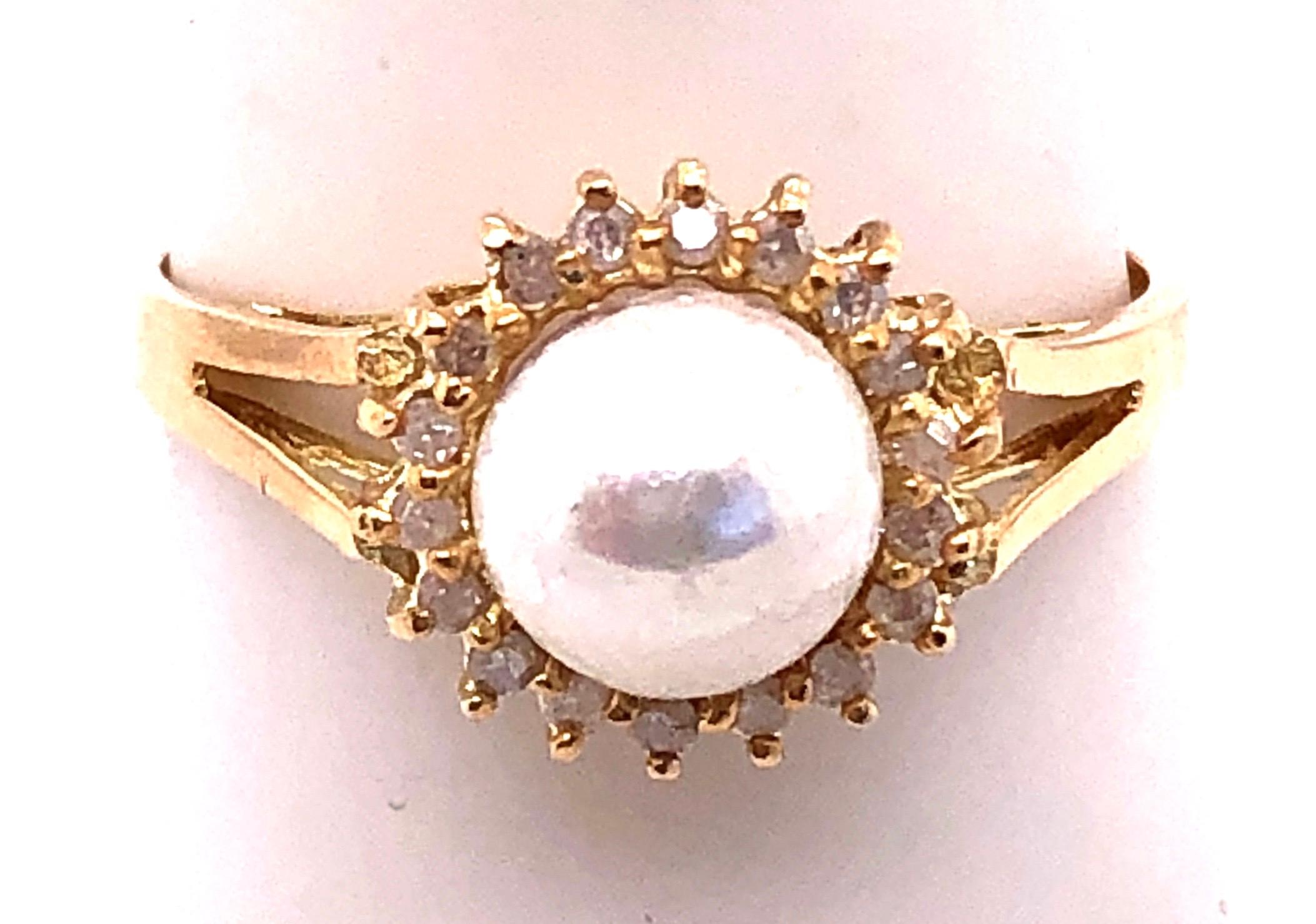 Round Cut 14 Karat Yellow Gold Fashion Pearl Ring with Diamonds For Sale