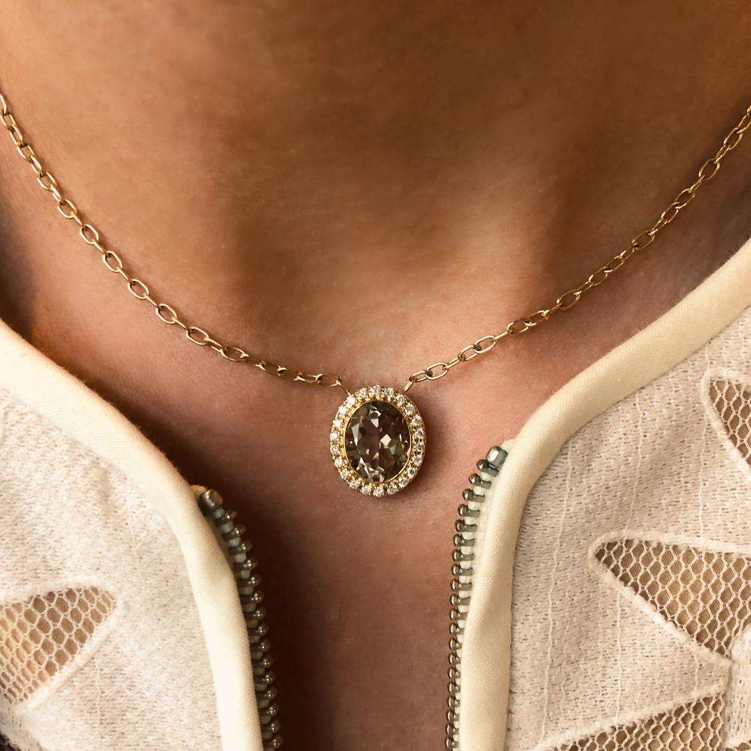 14k YG Smokey Topaz Pendant (3.50cts) in a Diamond Halo (Dia 0.22cts) in Signature CA Bezel on a Yellow Gold Rolo Chain, 18