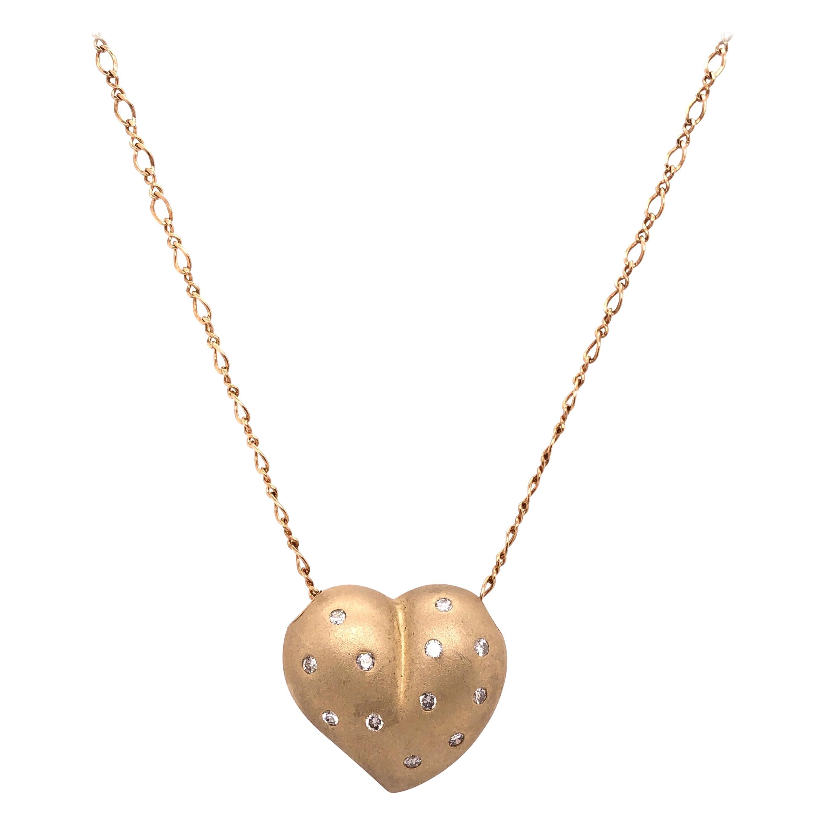 14 Karat Yellow Matte Gold Heart Charm Necklace with Round Diamonds 0.50 TDW