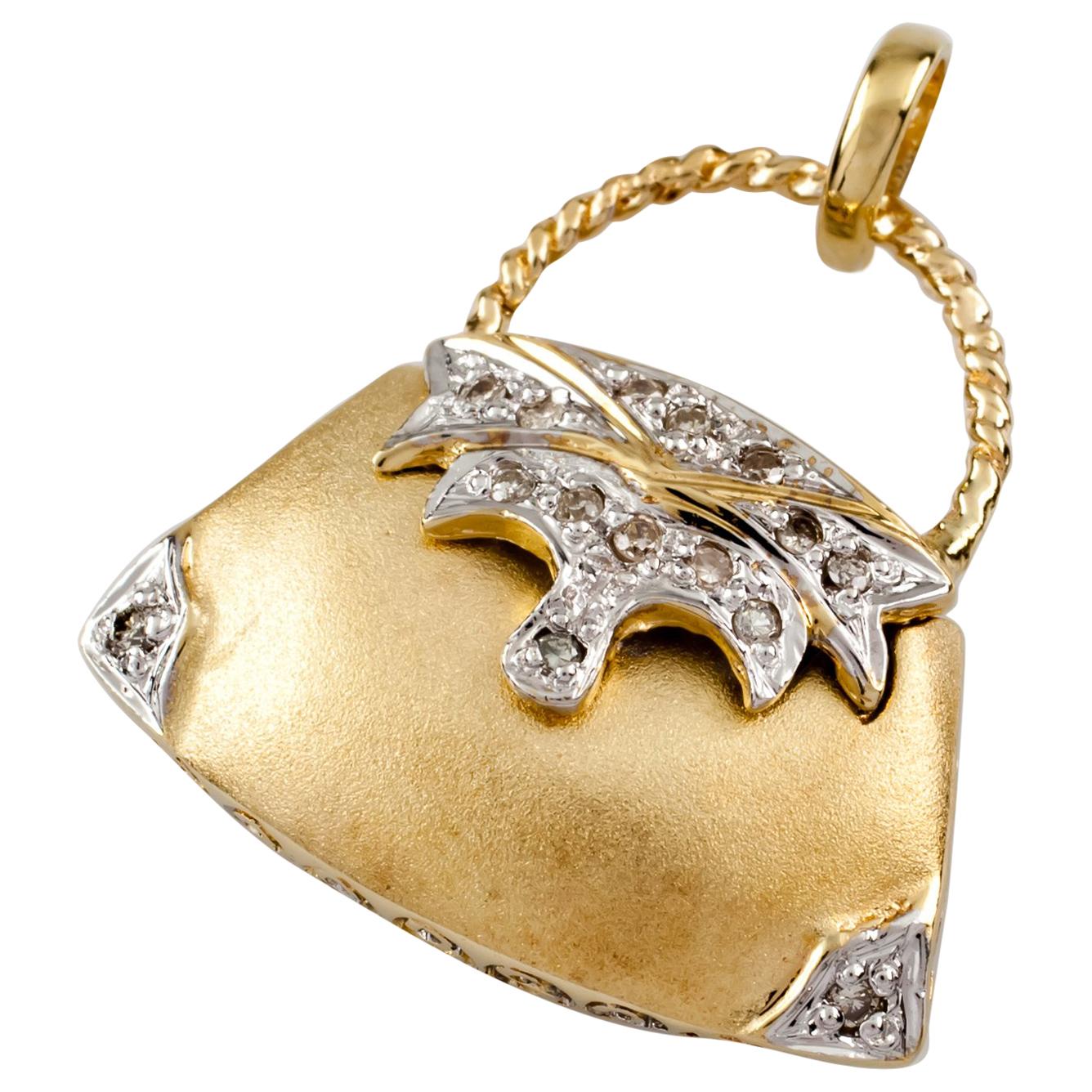 14 Karat Yellow Matte Gold Purse Pendant with Diamond Accents, 0.15 Carat