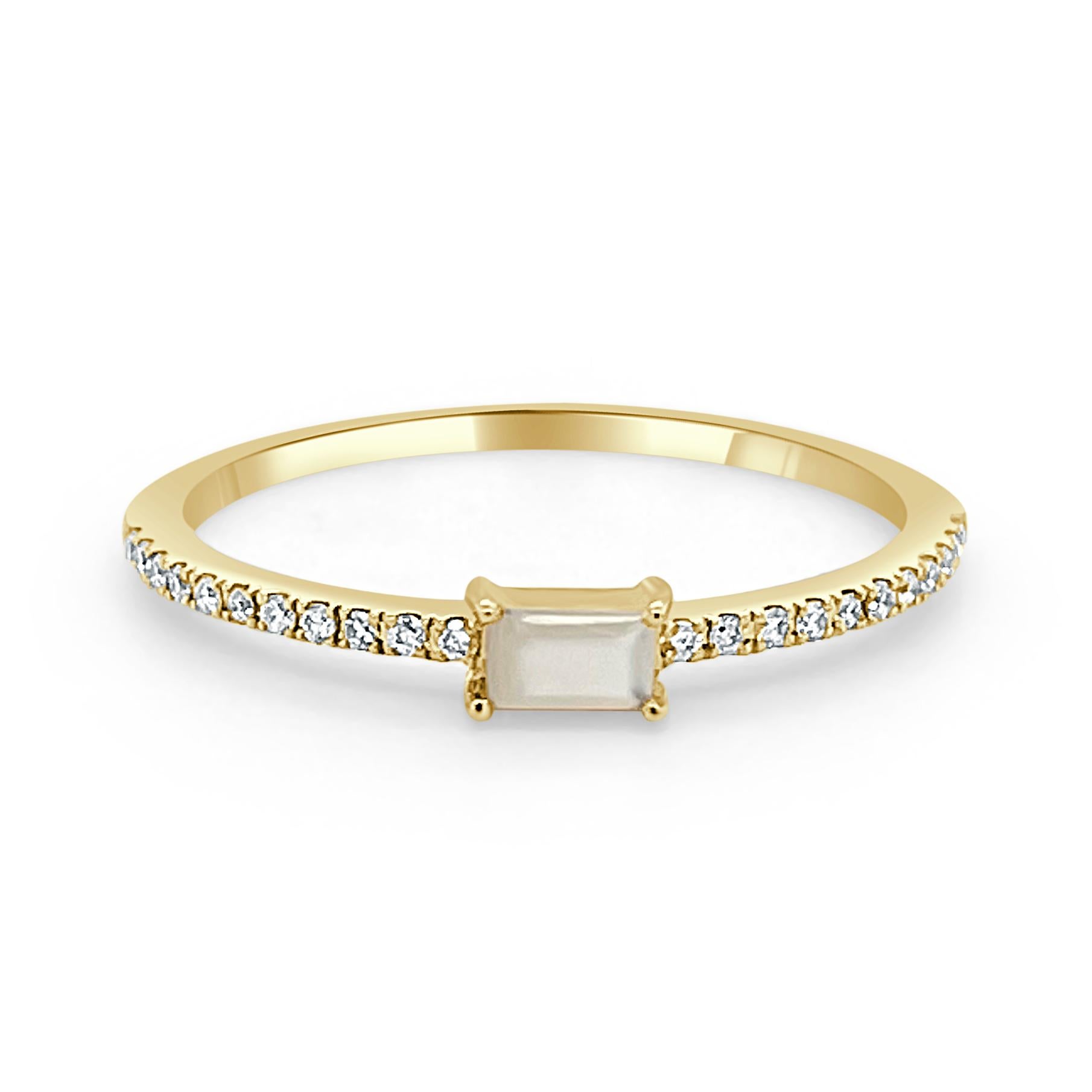 Charming and Elusive Design - This stackable ring features a 14k gold band, a baguette shaped gorgeous pearl approximately 0.14cts, and round diamonds approximately 0.09 cts, 
Measurements for ring size: The finger Size of the ring is 6.5 and your