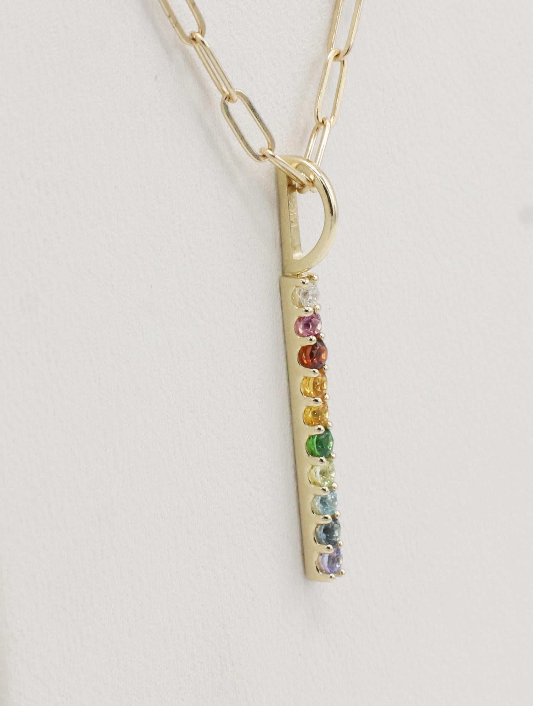 14 Karat Yellow Natural Multi-Gemstone Rainbow Bar Drop Paperclip Necklace
Metal: 14k yellow gold
Weight: 3.17 grams
Chain: 18 inches
Pendant: 26.5 x 2mm
