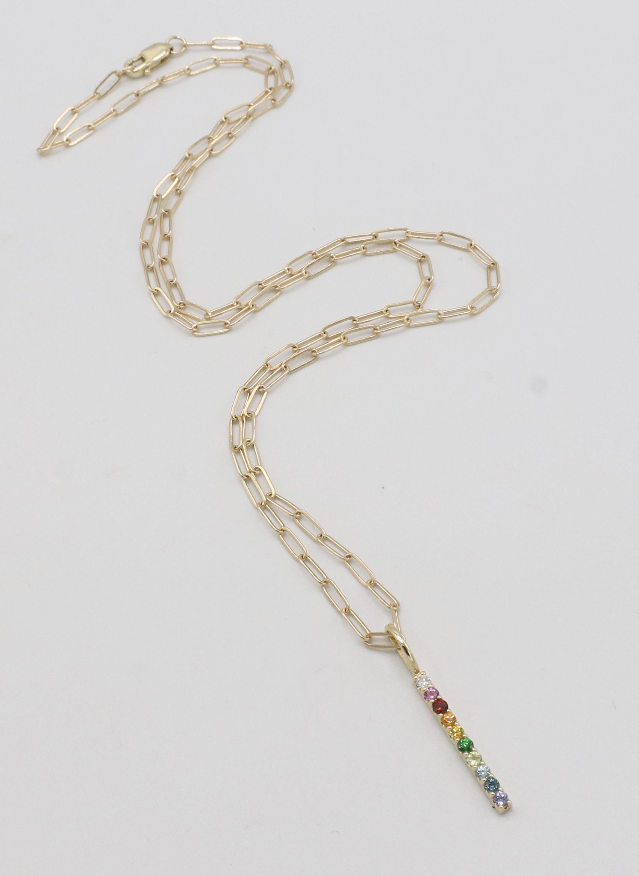 Modern 14 Karat Yellow Natural Multi-Gemstone Rainbow Bar Drop Paperclip Necklace For Sale