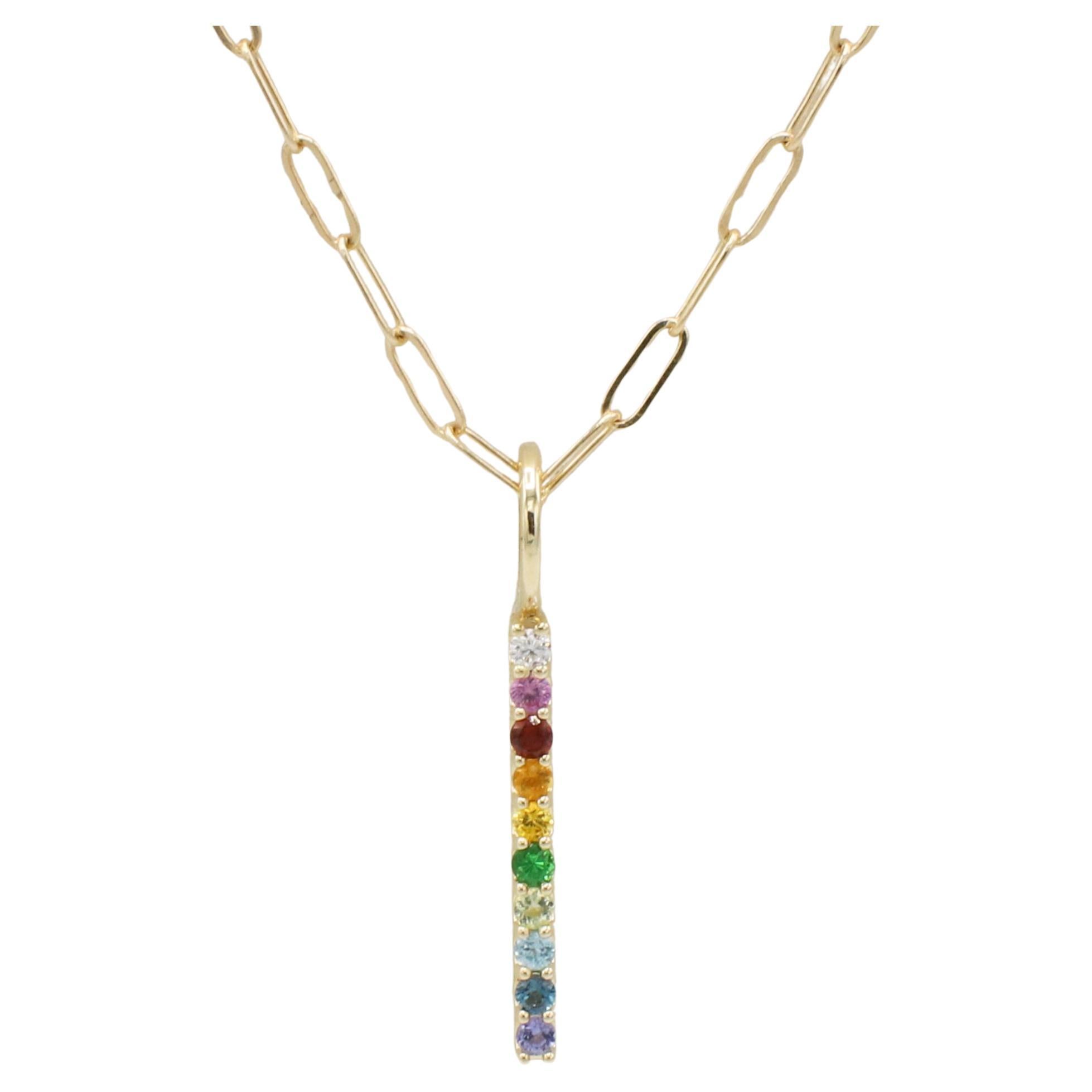 14 Karat Yellow Natural Multi-Gemstone Rainbow Bar Drop Paperclip Necklace For Sale