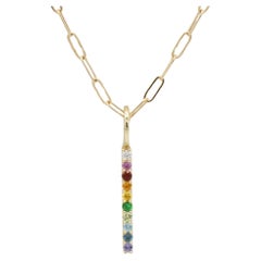 14 Karat Yellow Natural Multi-Gemstone Rainbow Bar Drop Paperclip Necklace