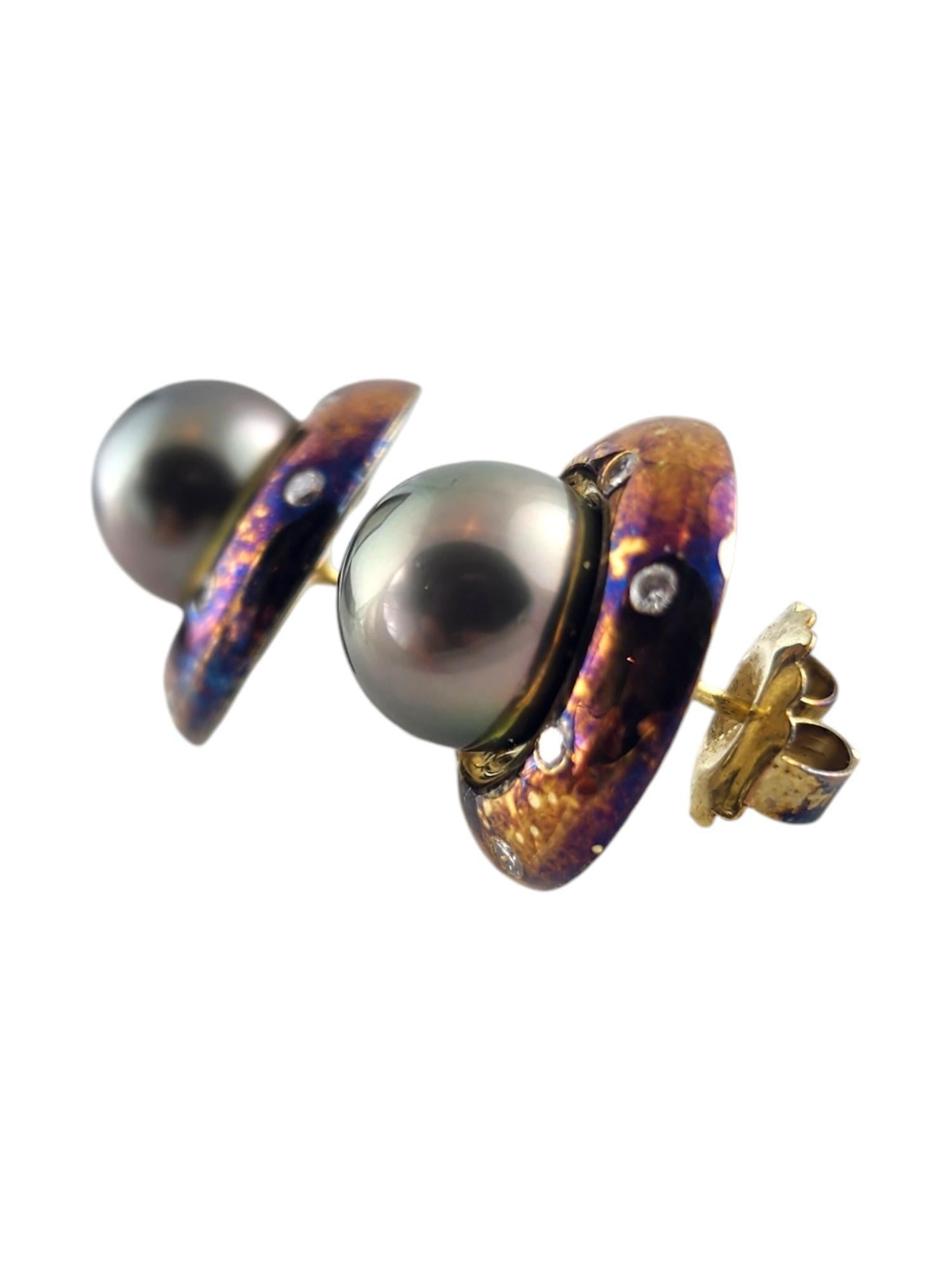 Modern 14 Karat Yellow Oxidized Gold Diamond & Cultured Tahitian Pearl Earrings #19022 For Sale