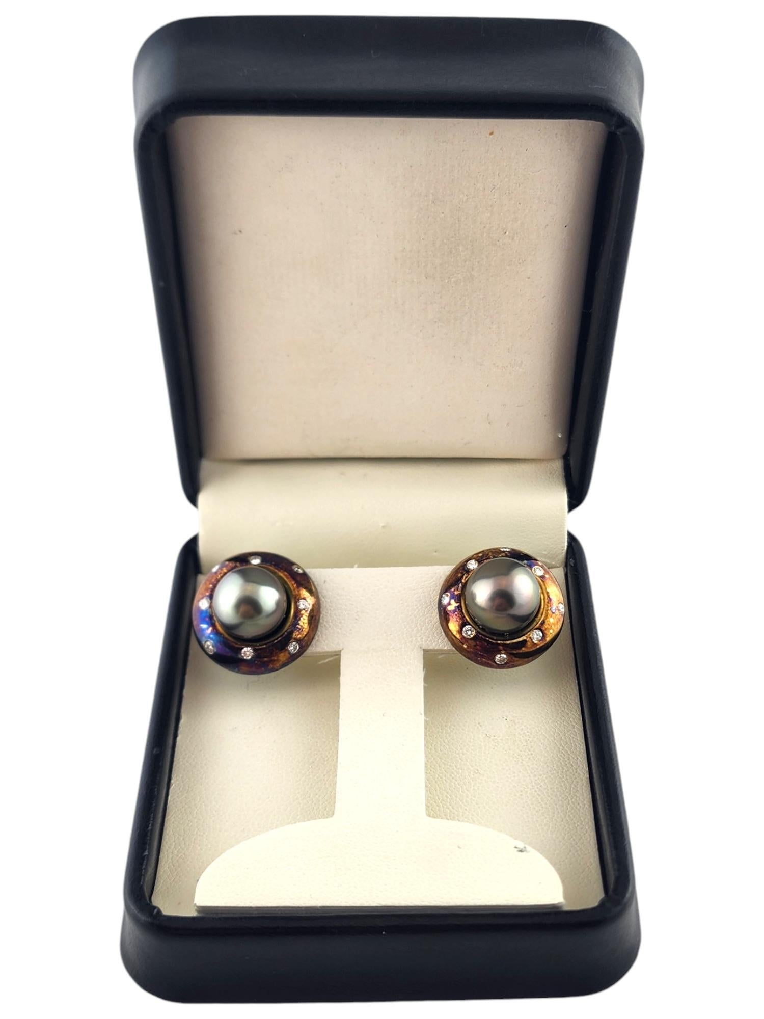 Women's 14 Karat Yellow Oxidized Gold Diamond & Cultured Tahitian Pearl Earrings #19022 For Sale