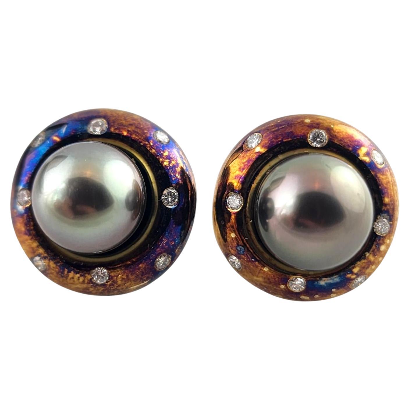 14 Karat Yellow Oxidized Gold Diamond & Cultured Tahitian Pearl Earrings #19022