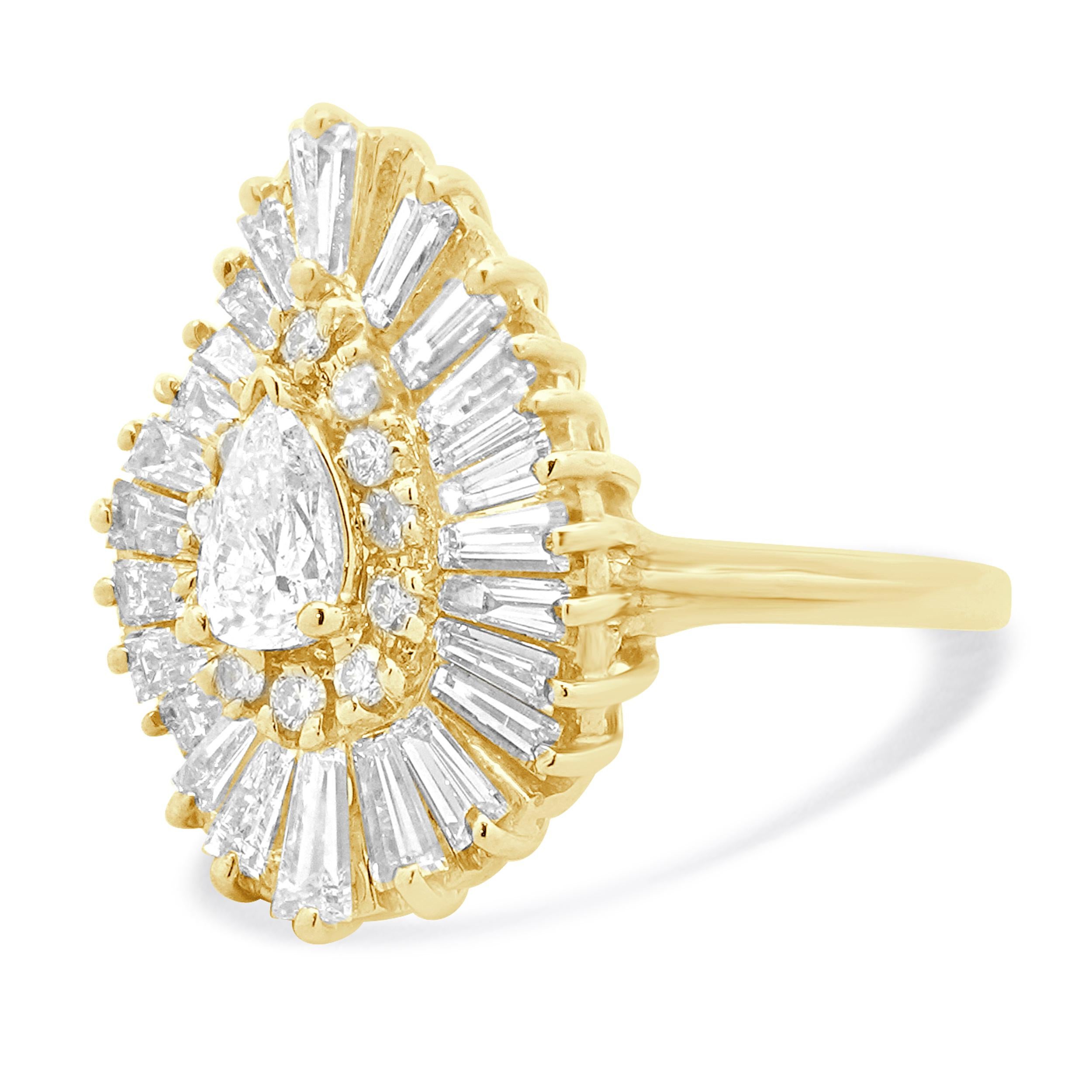 Concepteur : personnalisé
Matériau : Or jaune 14K
Diamant central : taille poire = 0,50cttw
Couleur : G
Clarté : SI1
Diamants : 25 baguettes et ronds = 2,75cttw
Couleur : G
Clarté : SI1
Taille de la bague : 8.25 (veuillez prévoir deux jours de