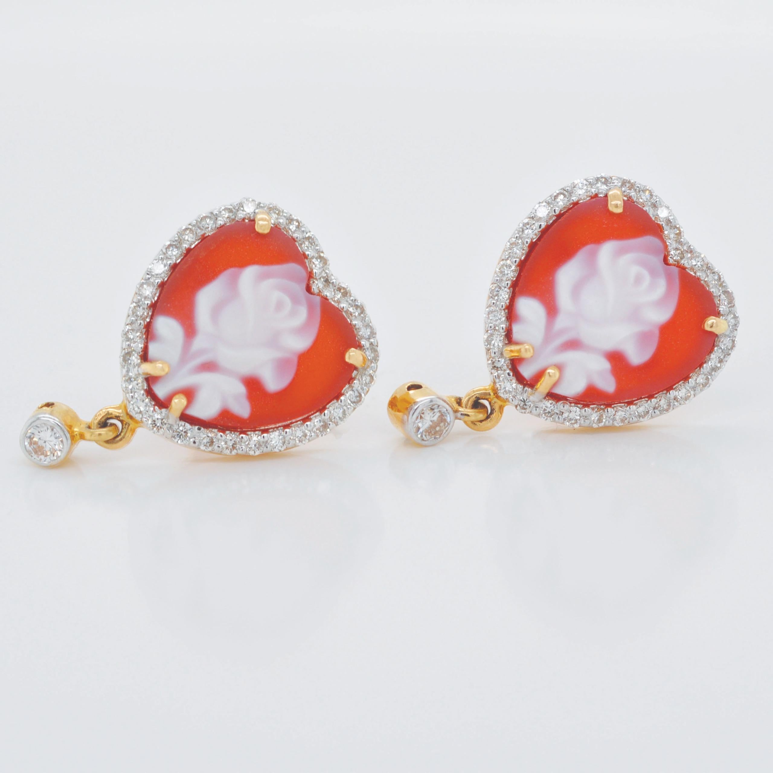 Orecchini con diamanti a forma di cuore in 14 carati giallo rosa Cameo 10 MM in vendita 4