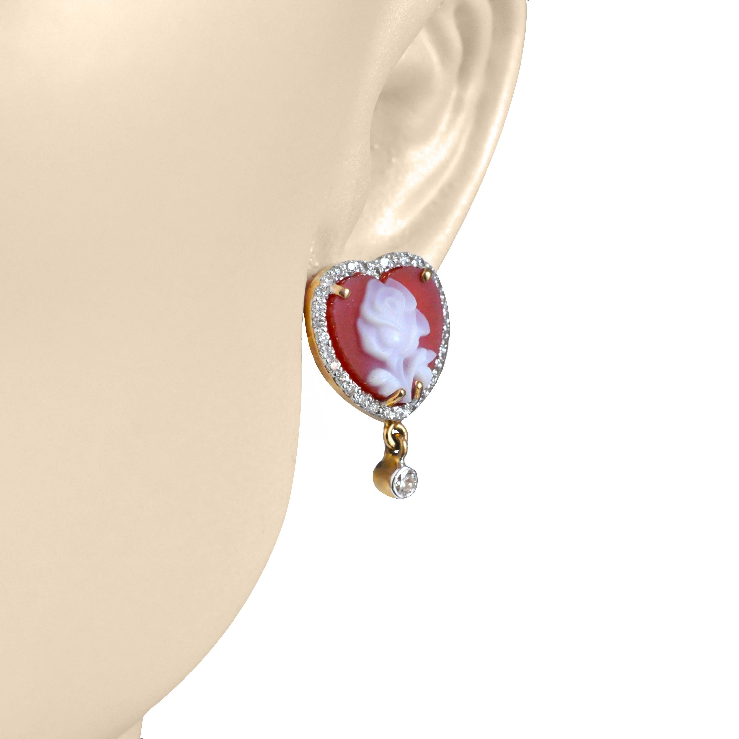 Orecchini con diamanti a forma di cuore in 14 carati giallo rosa Cameo 10 MM in vendita 5