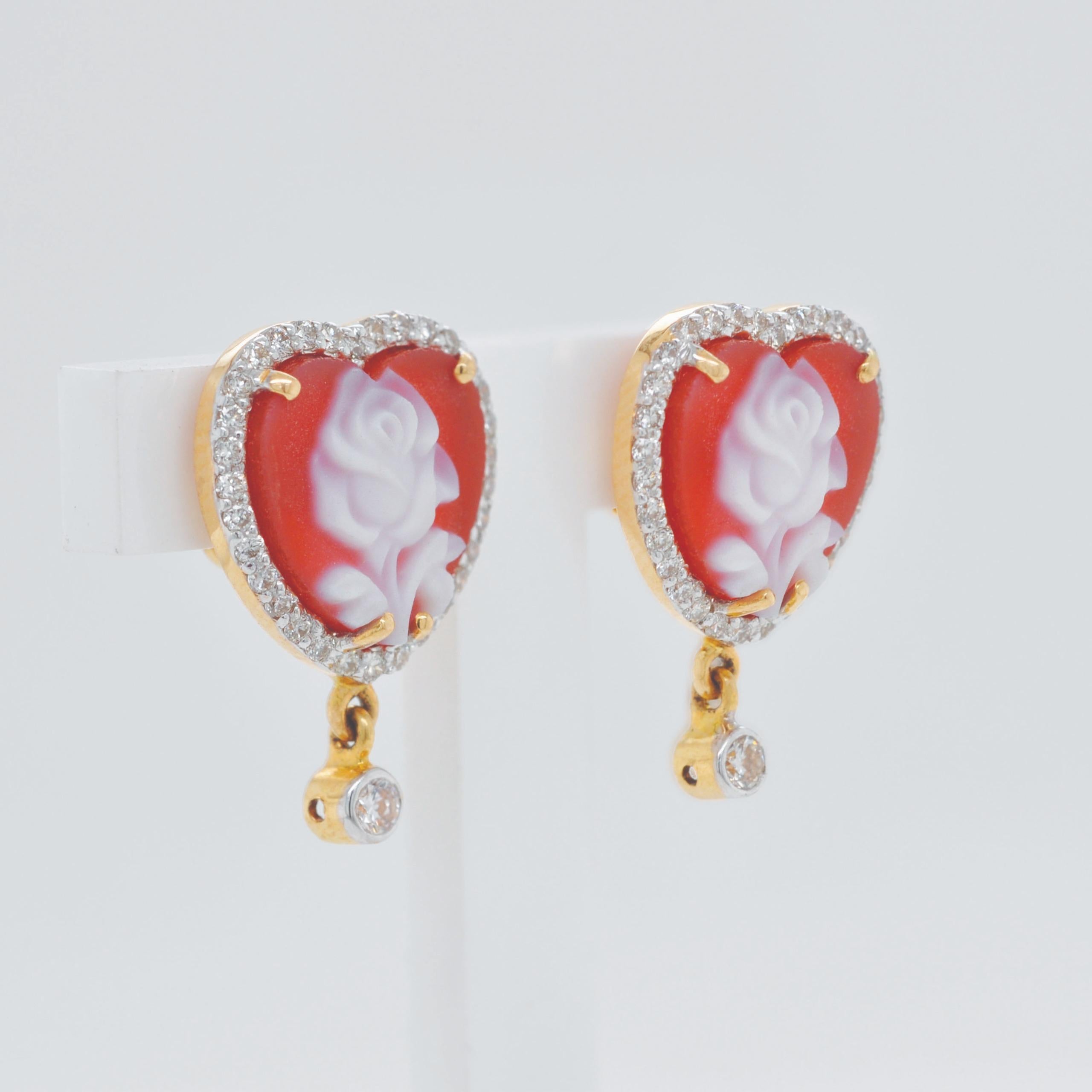Cuore Orecchini con diamanti a forma di cuore in 14 carati giallo rosa Cameo 10 MM in vendita