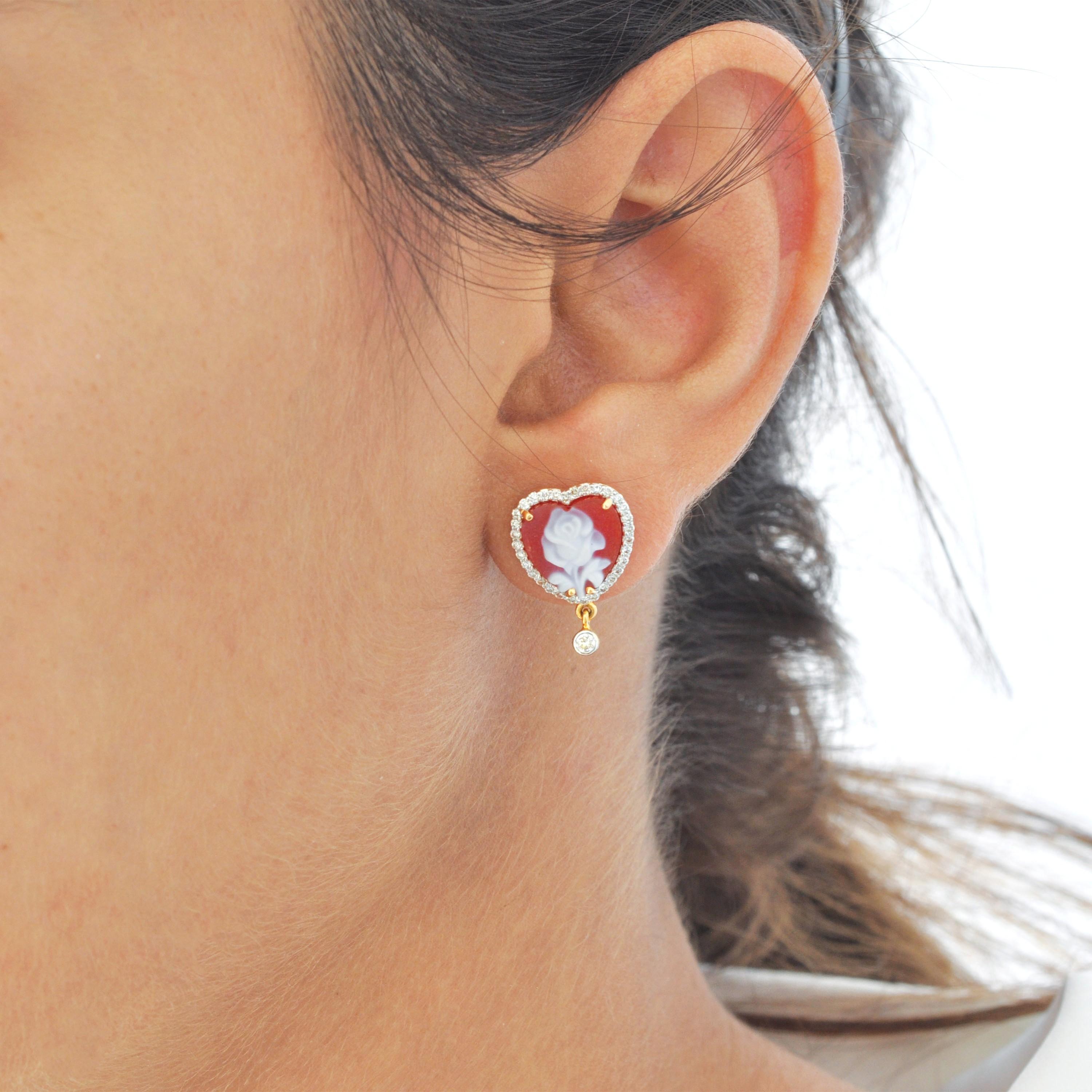 Orecchini con diamanti a forma di cuore in 14 carati giallo rosa Cameo 10 MM in vendita 1