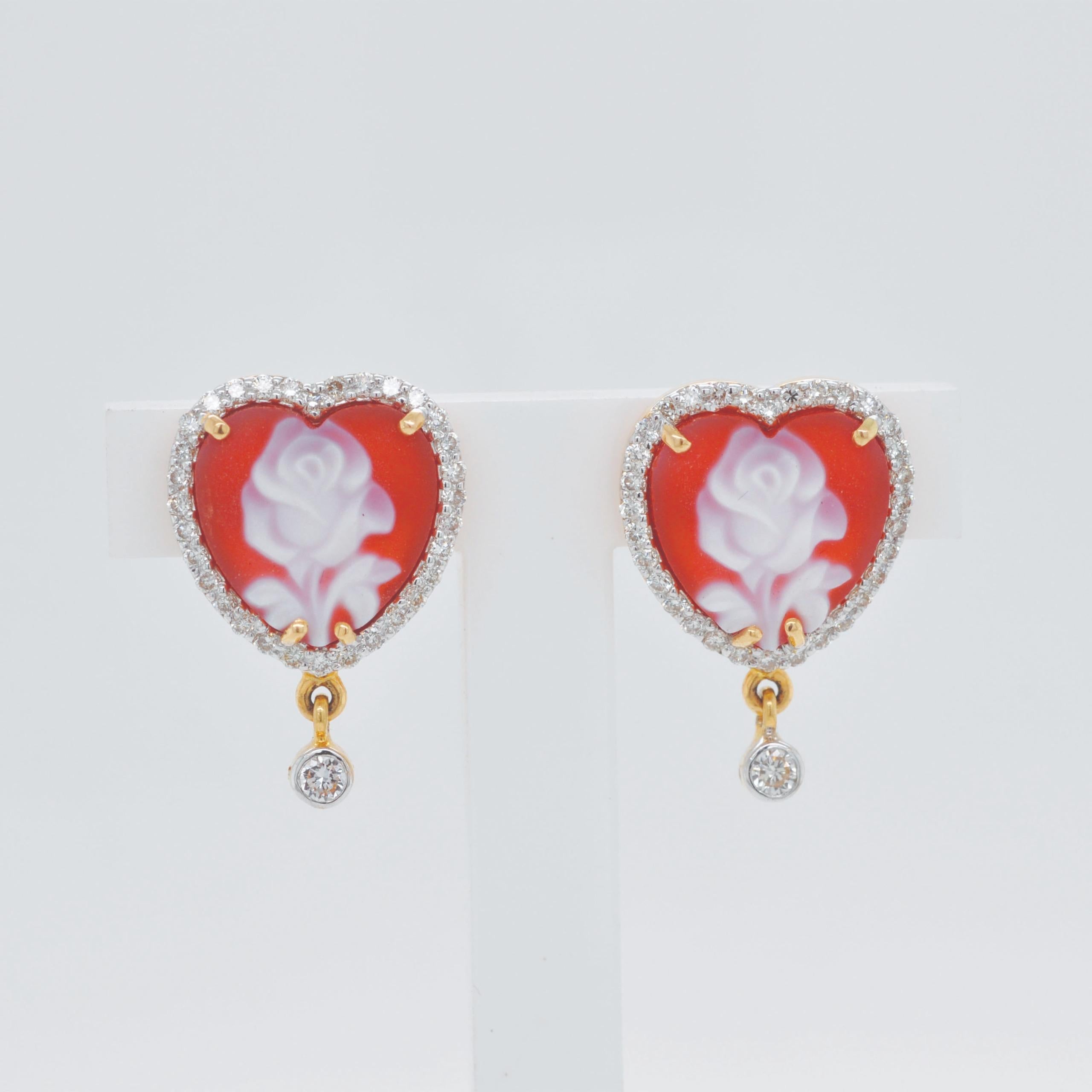 Orecchini con diamanti a forma di cuore in 14 carati giallo rosa Cameo 10 MM in vendita 3
