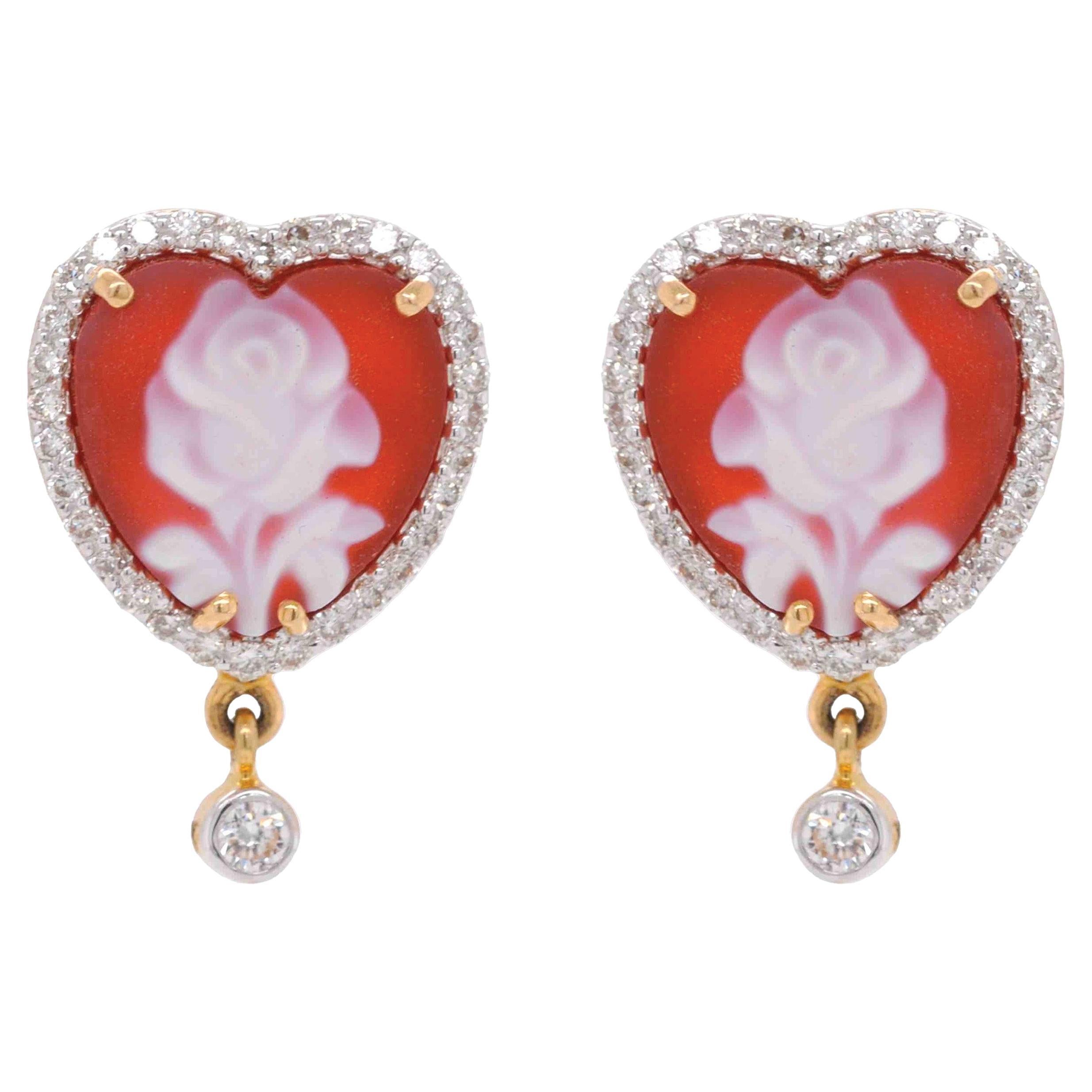 Orecchini con diamanti a forma di cuore in 14 carati giallo rosa Cameo 10 MM in vendita