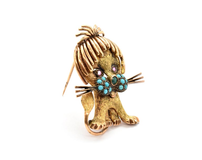 14 Karat Yellow Rose  Gold  Cat  Brooch with Turquoise 