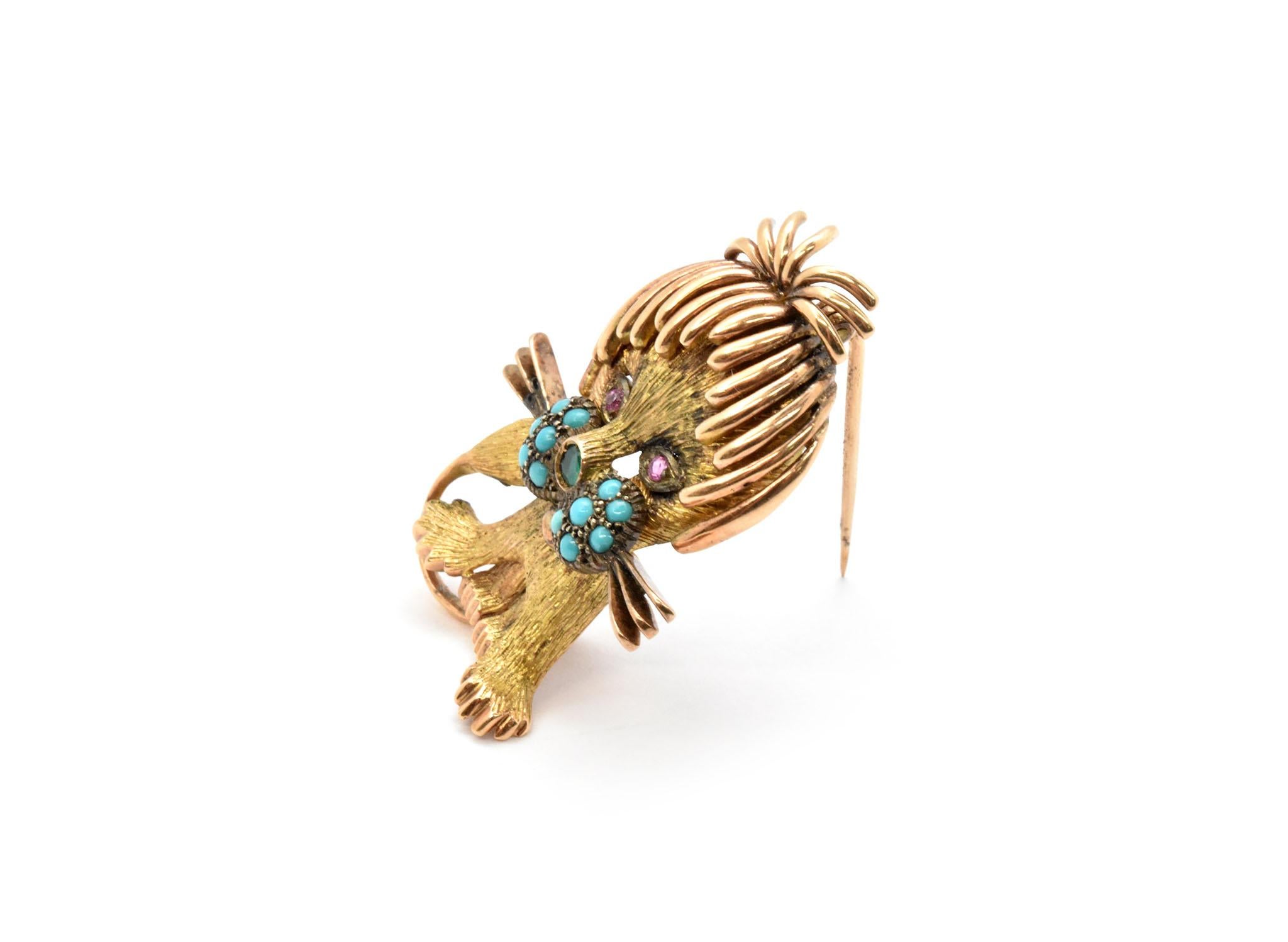 Art Deco 14 Karat Yellow/Rose Gold Cat Brooch with Turquoise, Emerald and Sapphire