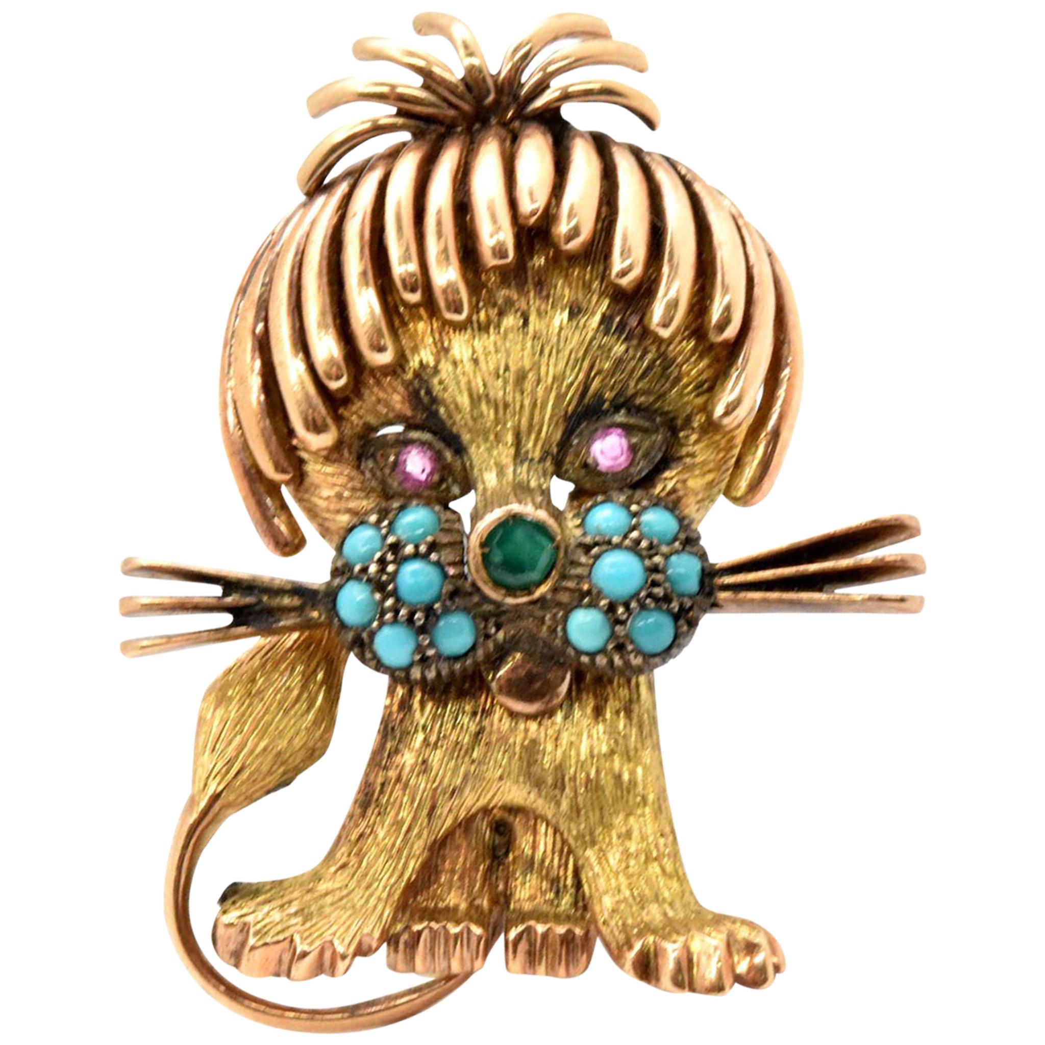 14 Karat Yellow/Rose Gold Cat Brooch with Turquoise, Emerald and Sapphire