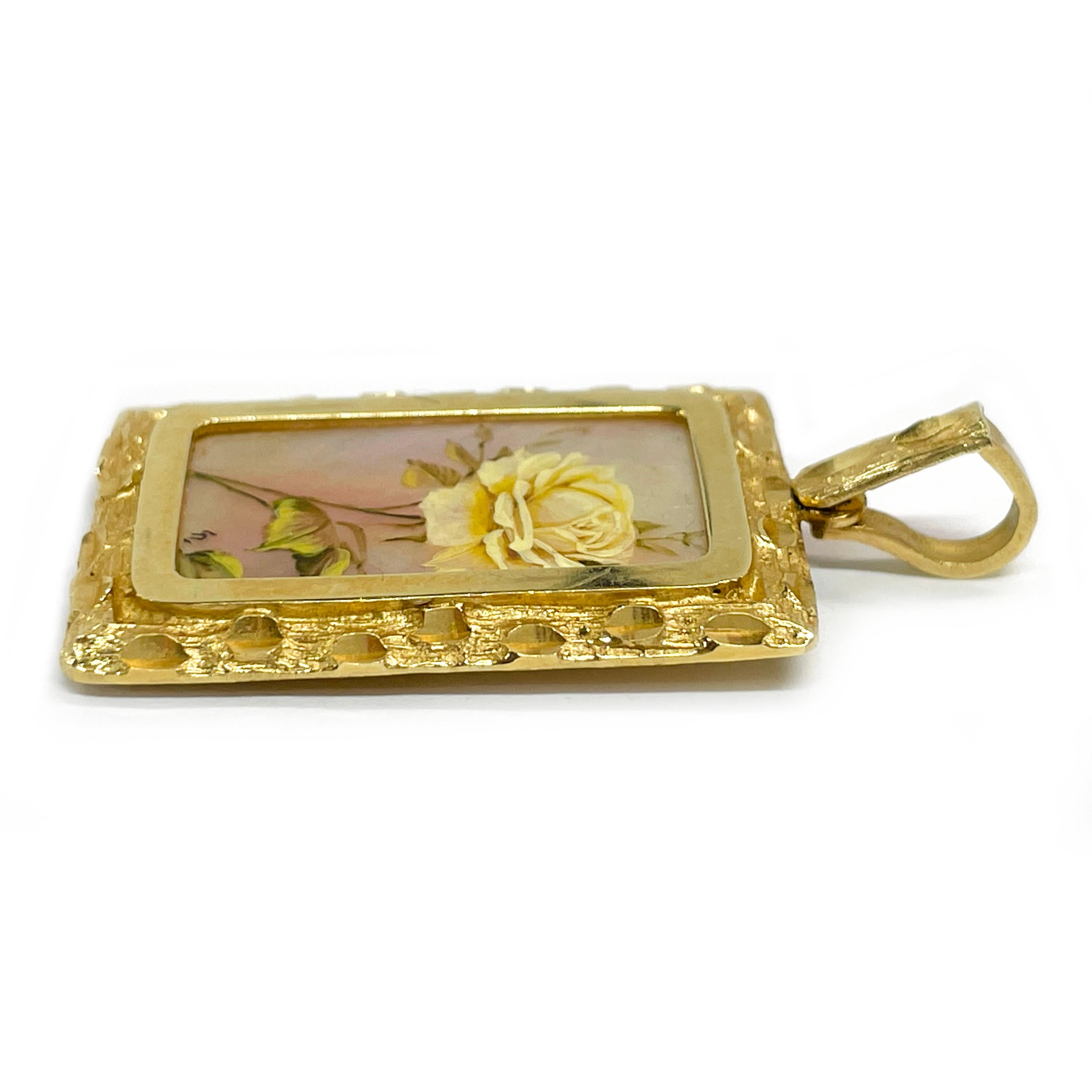 Contemporary 14 Karat Yellow Rose Masterpiece Hand Painted Mother-Of-Pearl Pendant #0831 For Sale