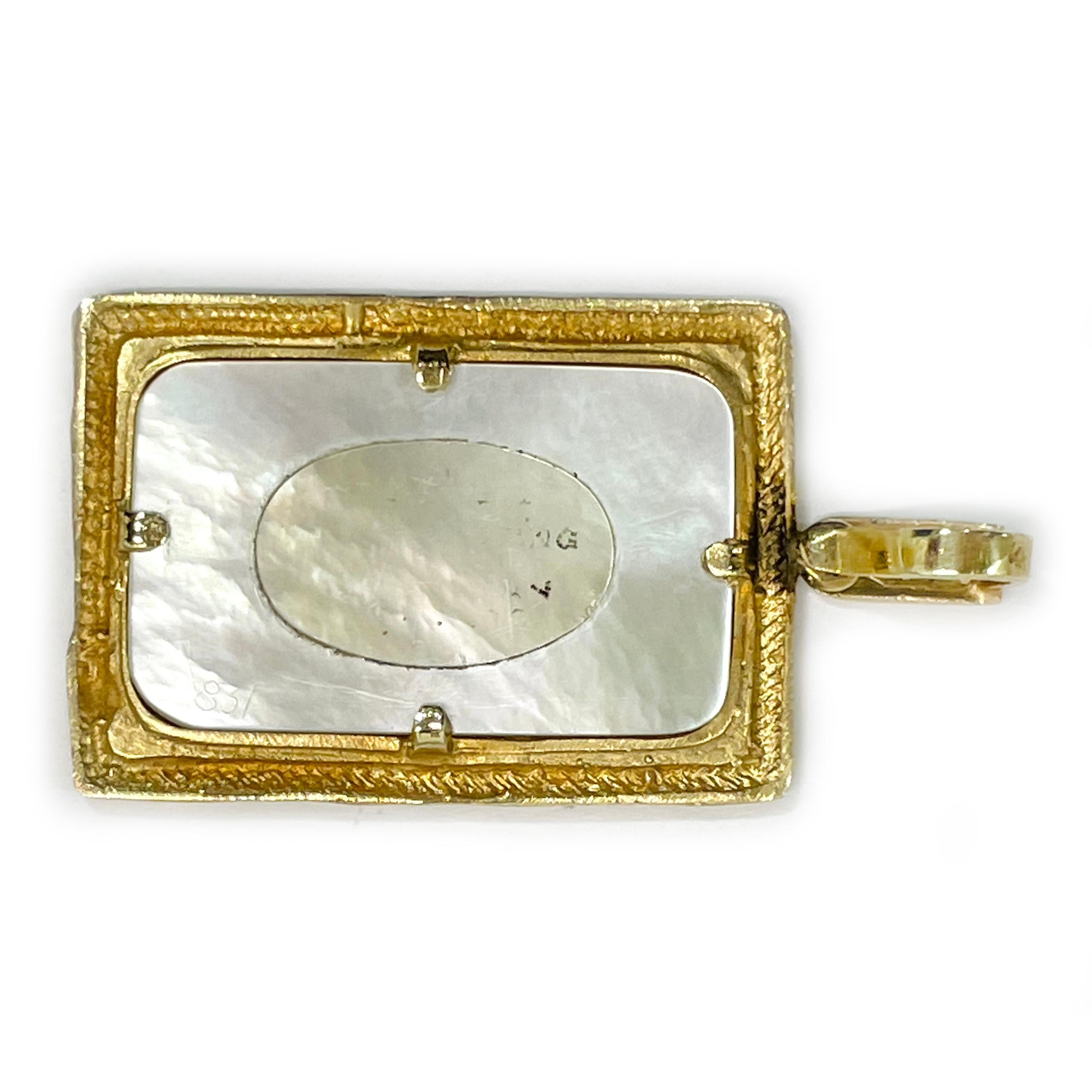 14 Karat Yellow Rose Masterpiece Hand Painted Mother-Of-Pearl Pendant #0831 In Good Condition For Sale In Palm Desert, CA