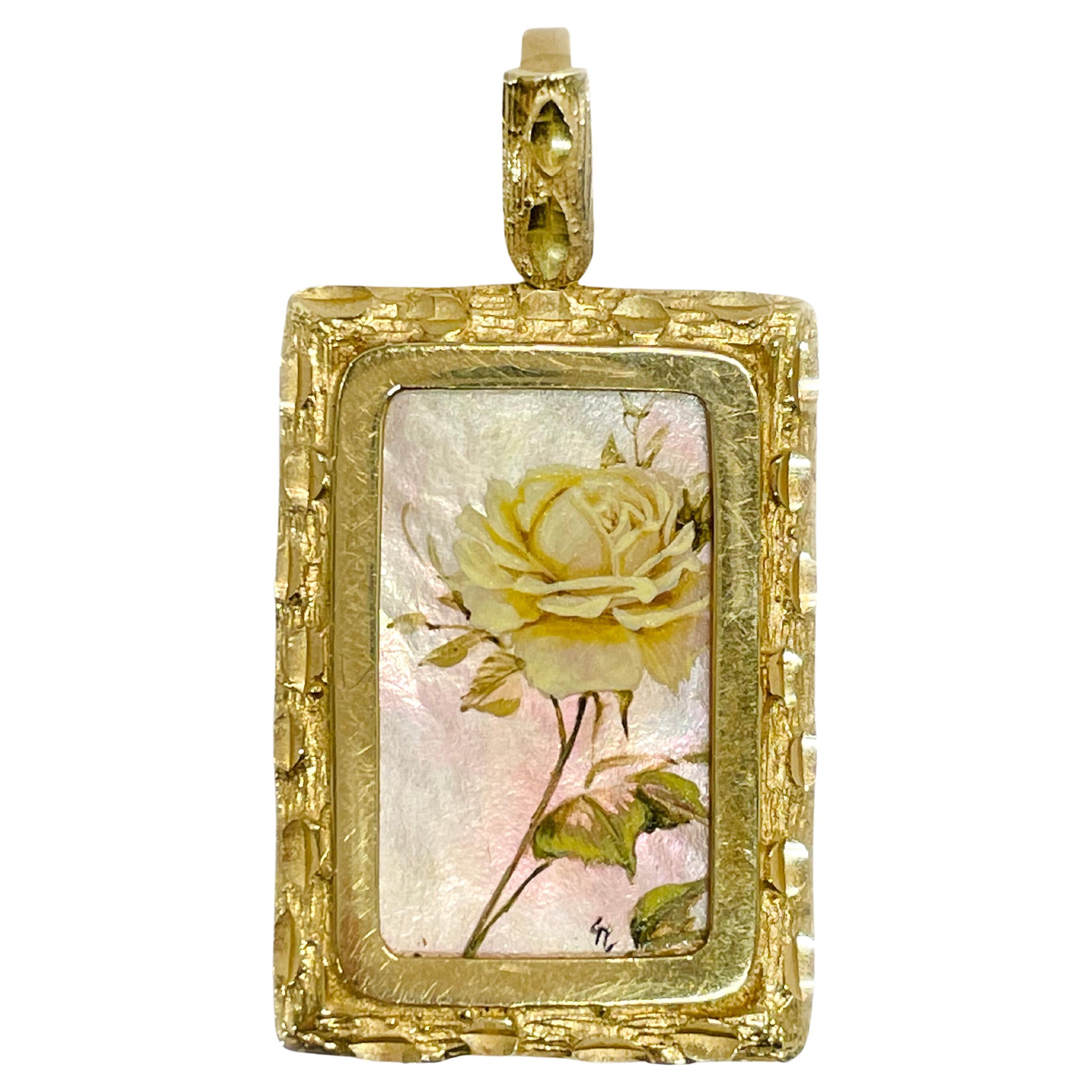 14 Karat Yellow Rose Masterpiece Hand Painted Mother-Of-Pearl Pendant #0831 For Sale