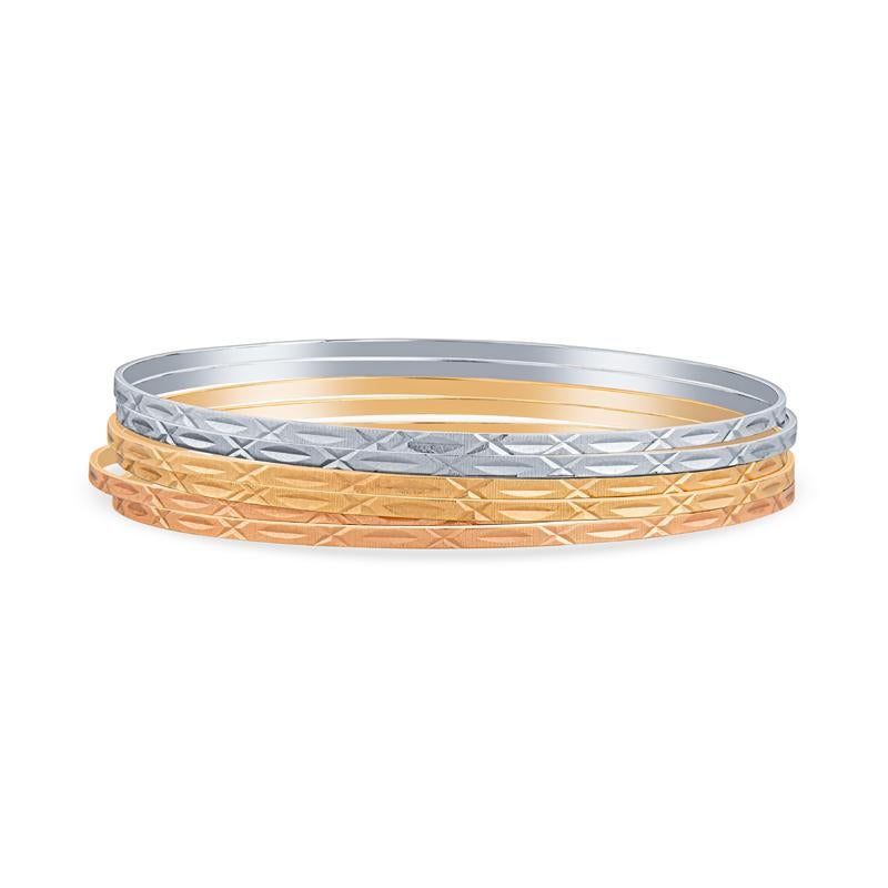 Cet ensemble de 6 bracelets est fabriqué en or jaune, rose et blanc 14 carats avec des détails gravés. 
Mesures : Diamètre intérieur d'environ 65 mm