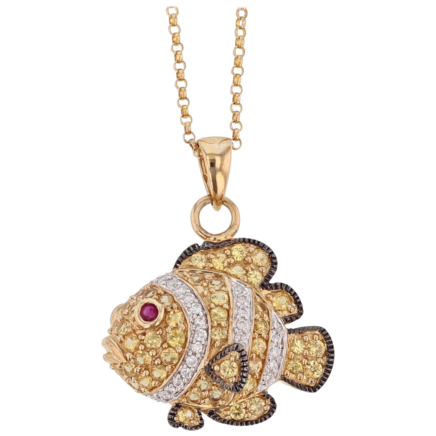 14 Karat Yellow Gold Yellow Sapphire Ruby and Diamond Fish Pendant Necklace