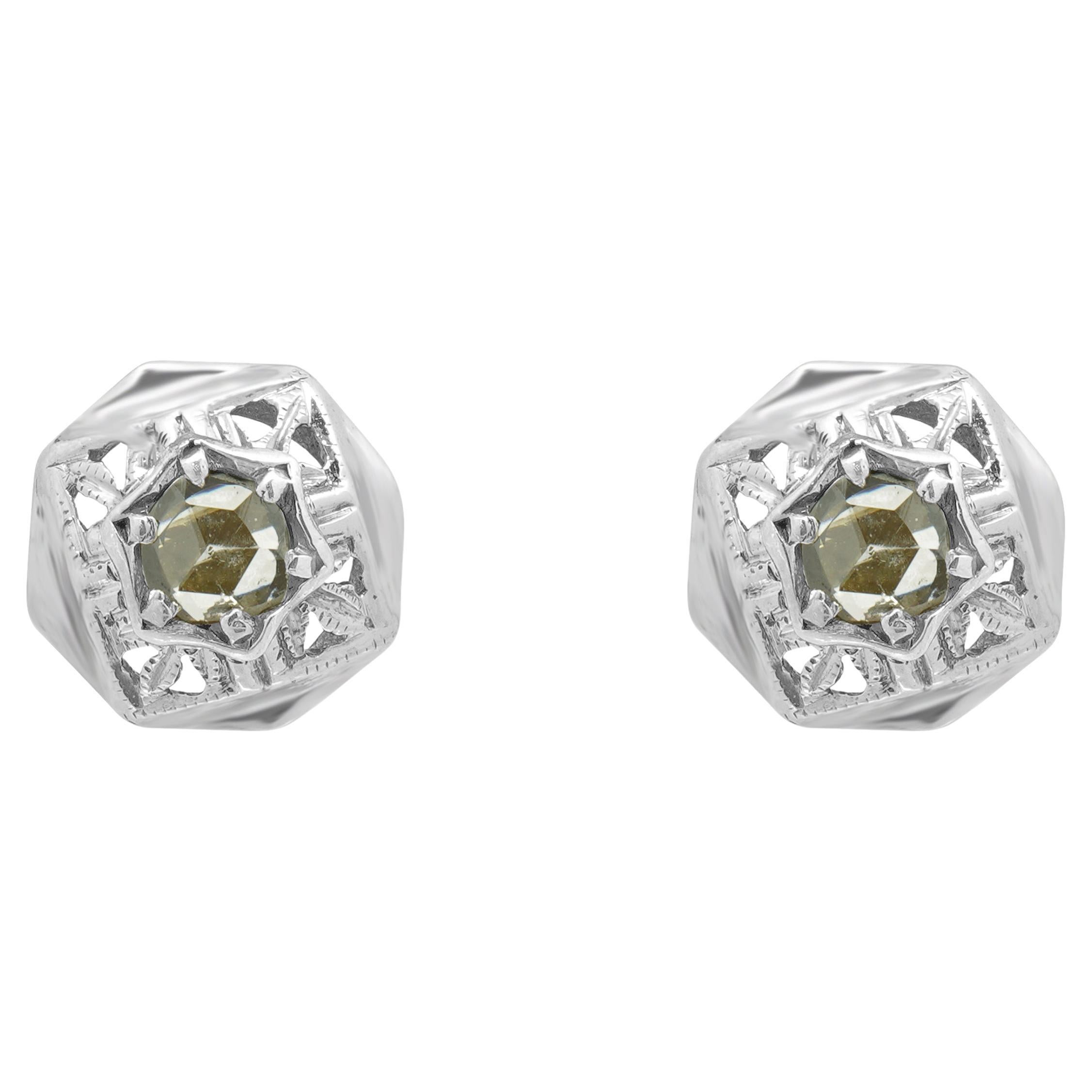 14 Karat Yellow 
Silver Hexagon Filagree Rose Cut Diamond Earrings