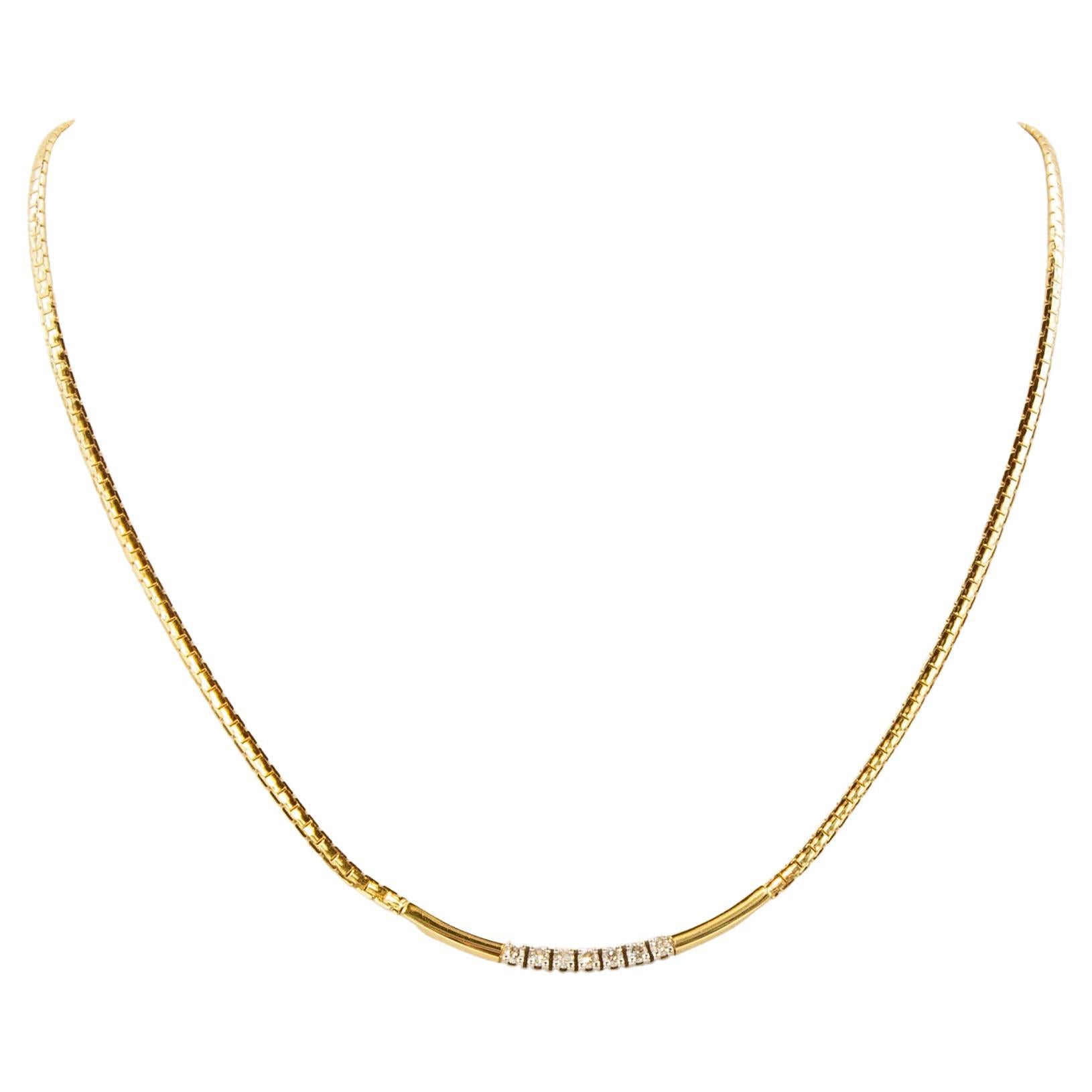 14 Karat Yellow Solid Gold Flat Snake Necklace with Brilliant Cut Diamonds For Sale