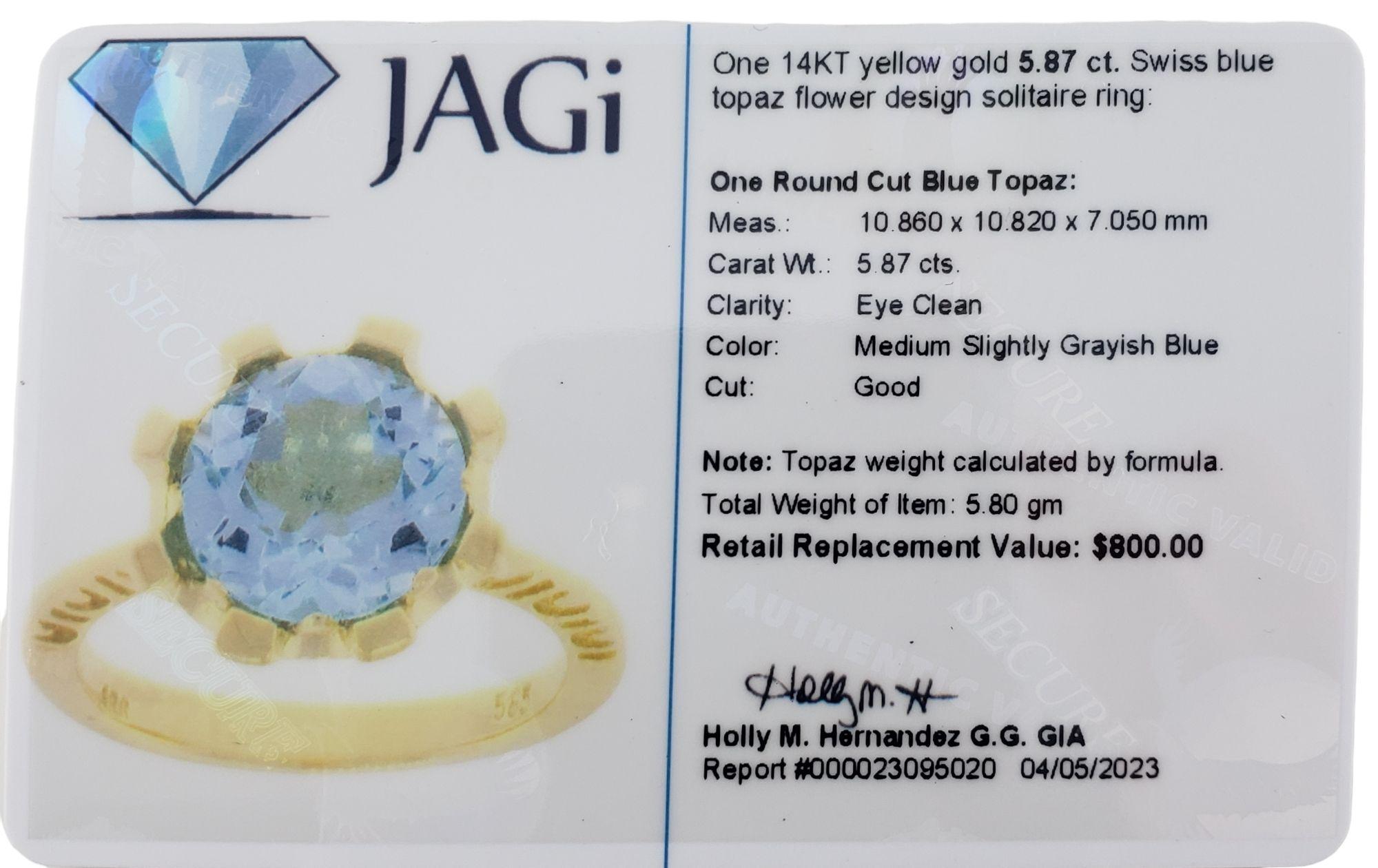 14 Karat Yellow Swiss Blue Topaz Ring Size 8 JAGi Certified #16728 In Good Condition For Sale In Washington Depot, CT