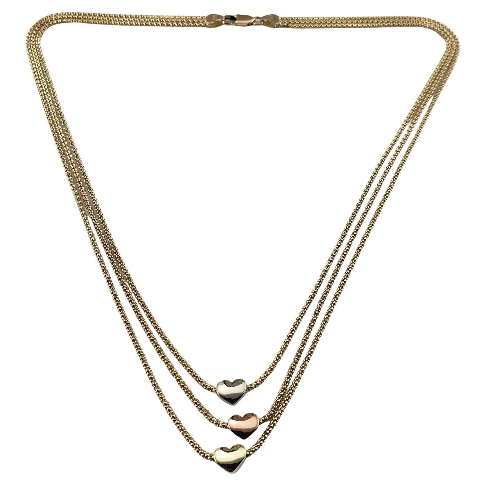 14 Karat Yellow, White and Rose Gold Heart Triple Row Necklace #15031 For Sale
