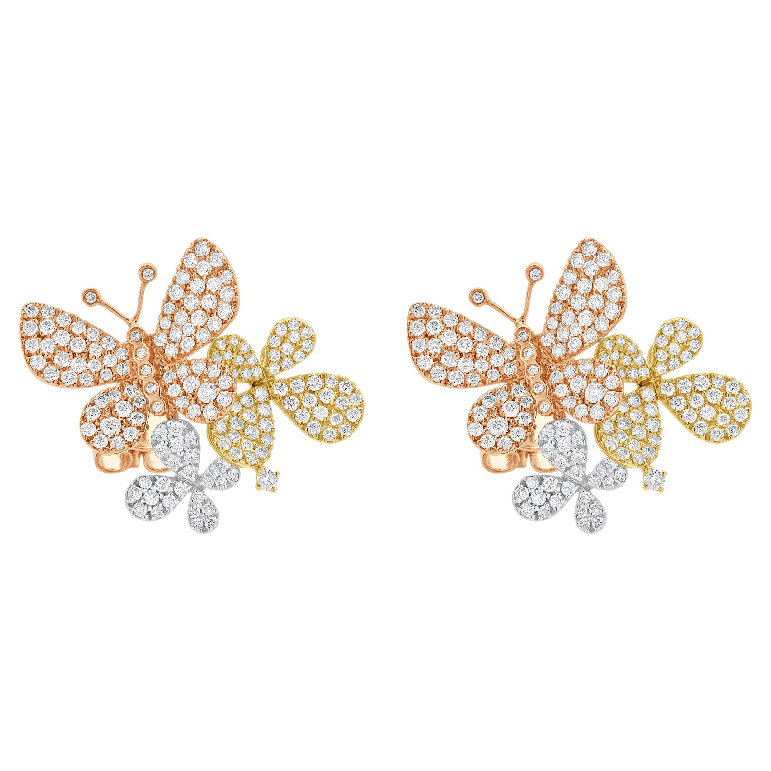Orecchini a farfalla in oro giallo, bianco e rosa 14 carati con pavé di diamanti in vendita